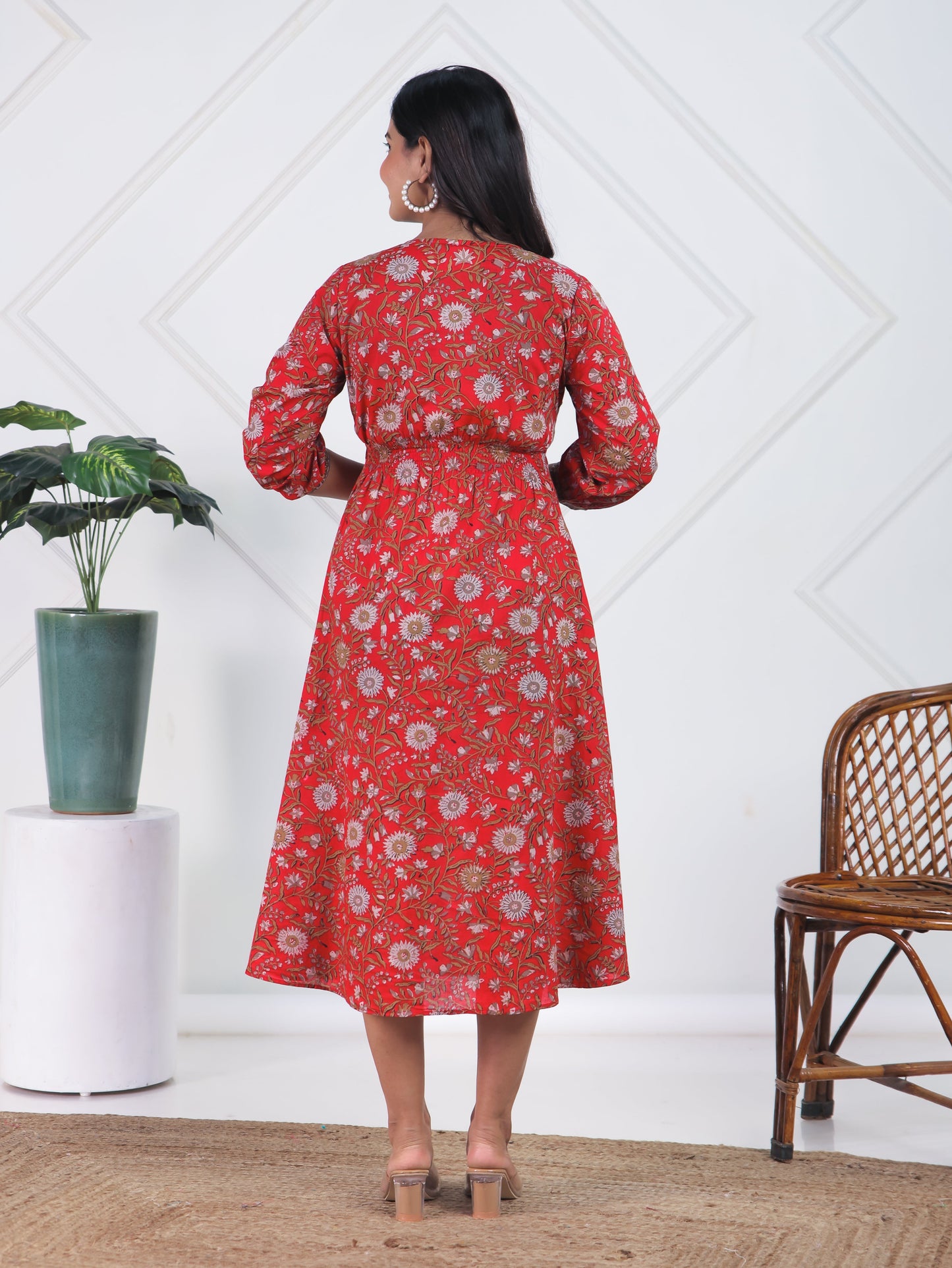 Soft Cotton Floral A-line Red Dress