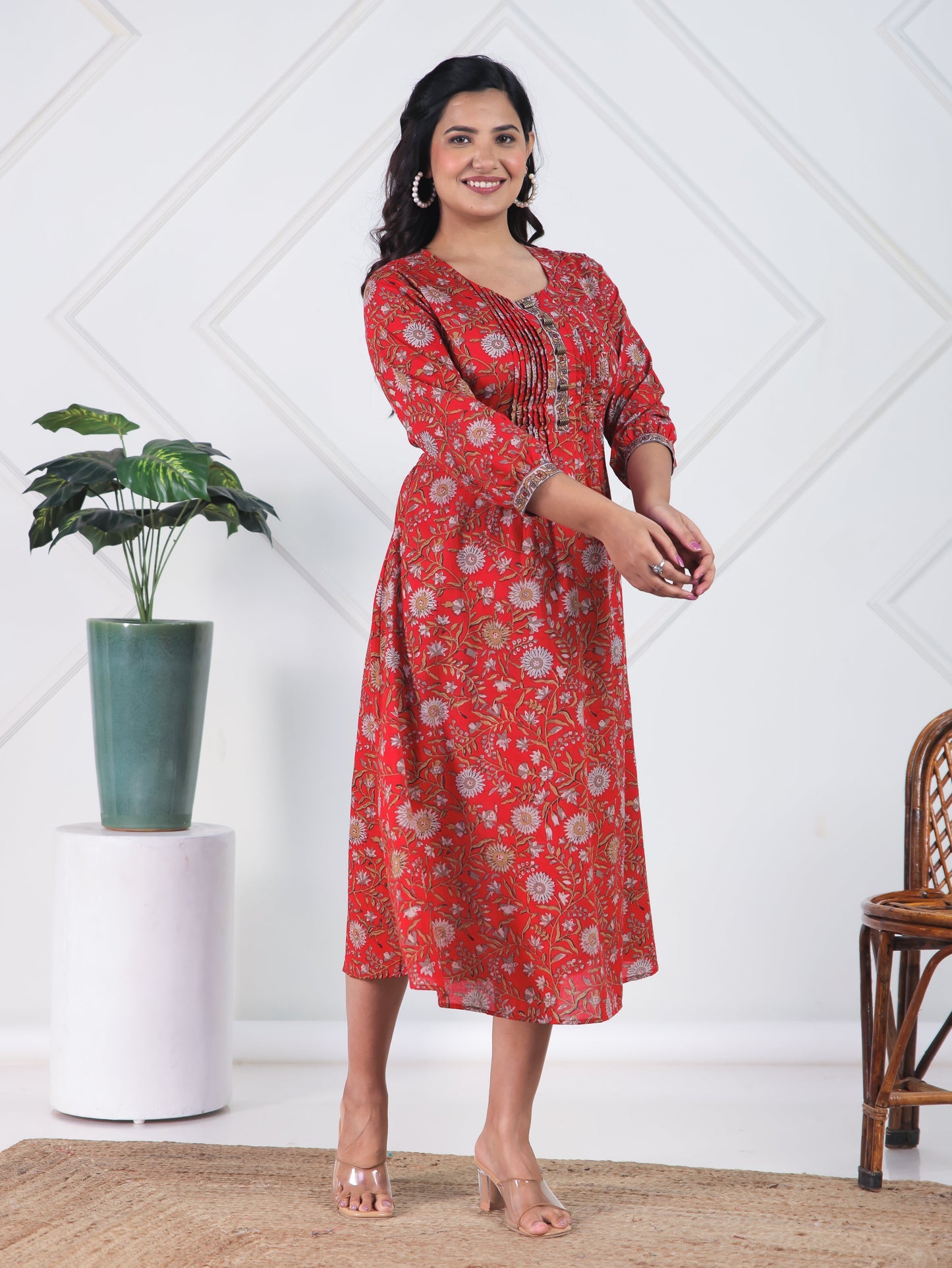 Soft Cotton Floral A-line Red Dress