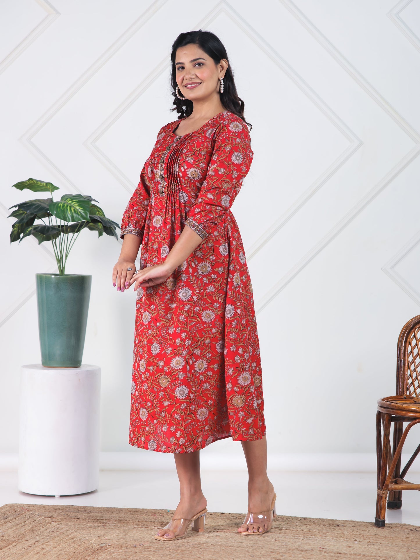 Soft Cotton Floral A-line Red Dress