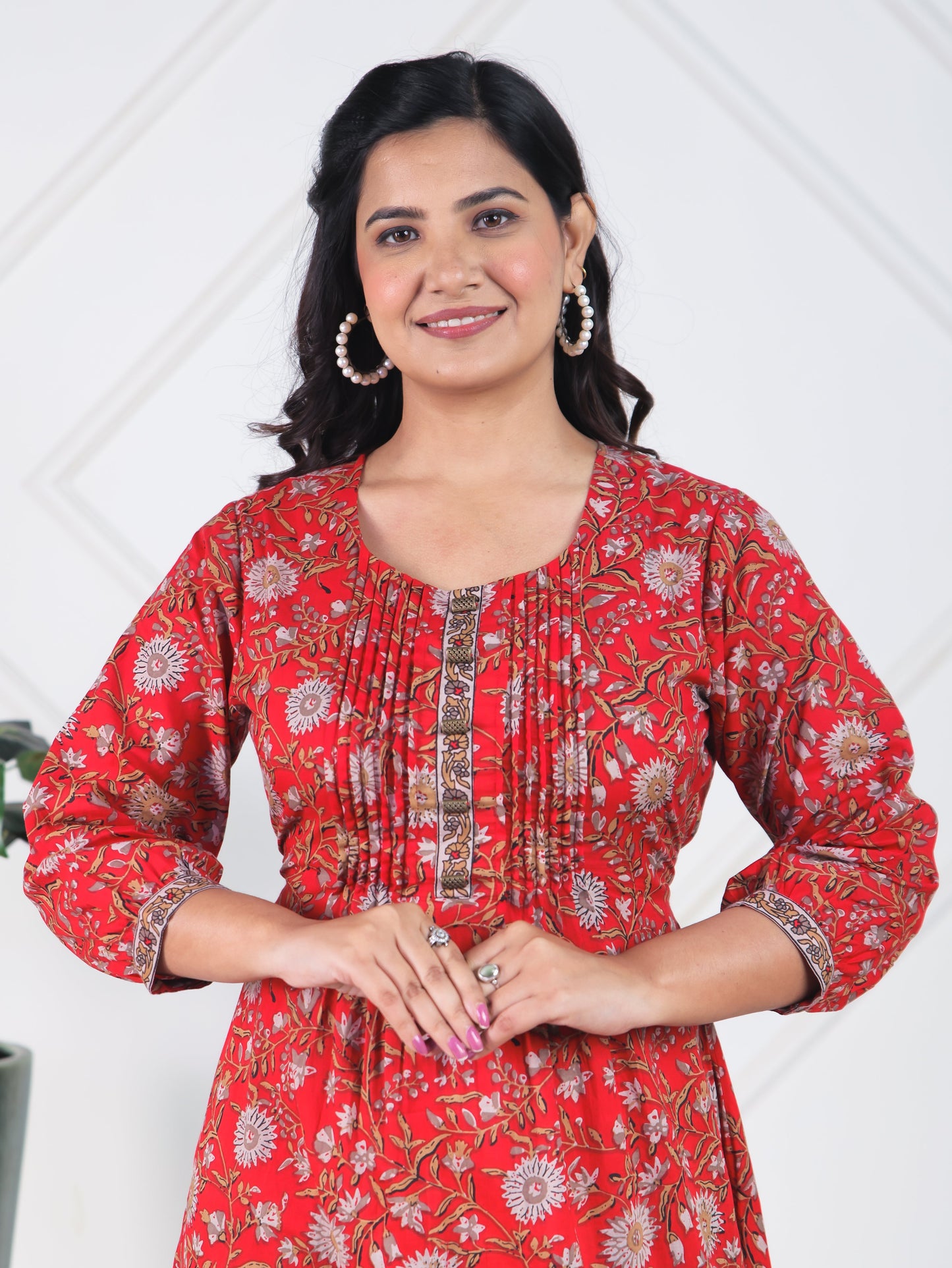 Soft Cotton Floral A-line Red Dress
