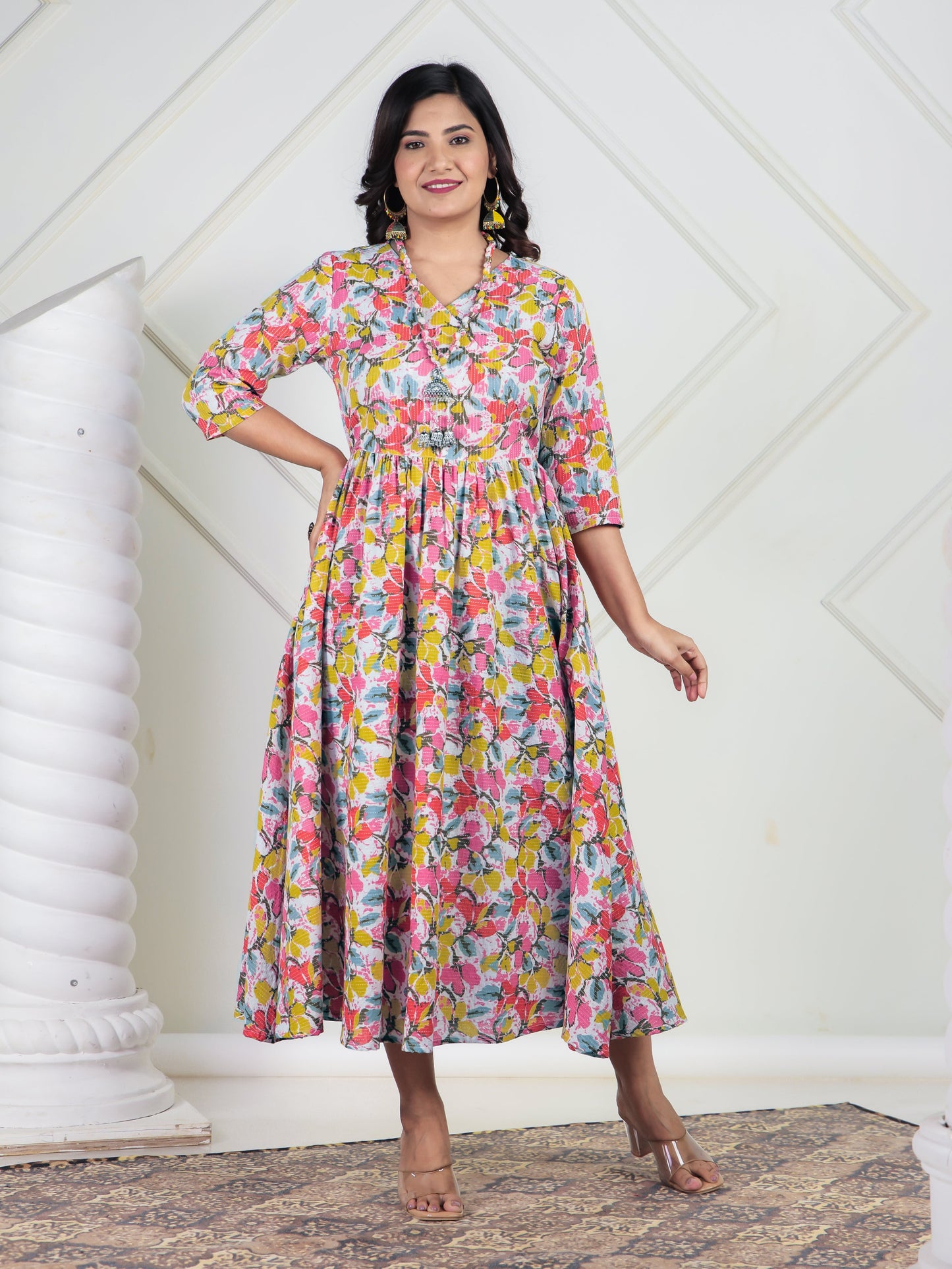 Kantha Cotton Floral Angrakha Multicolor Dress
