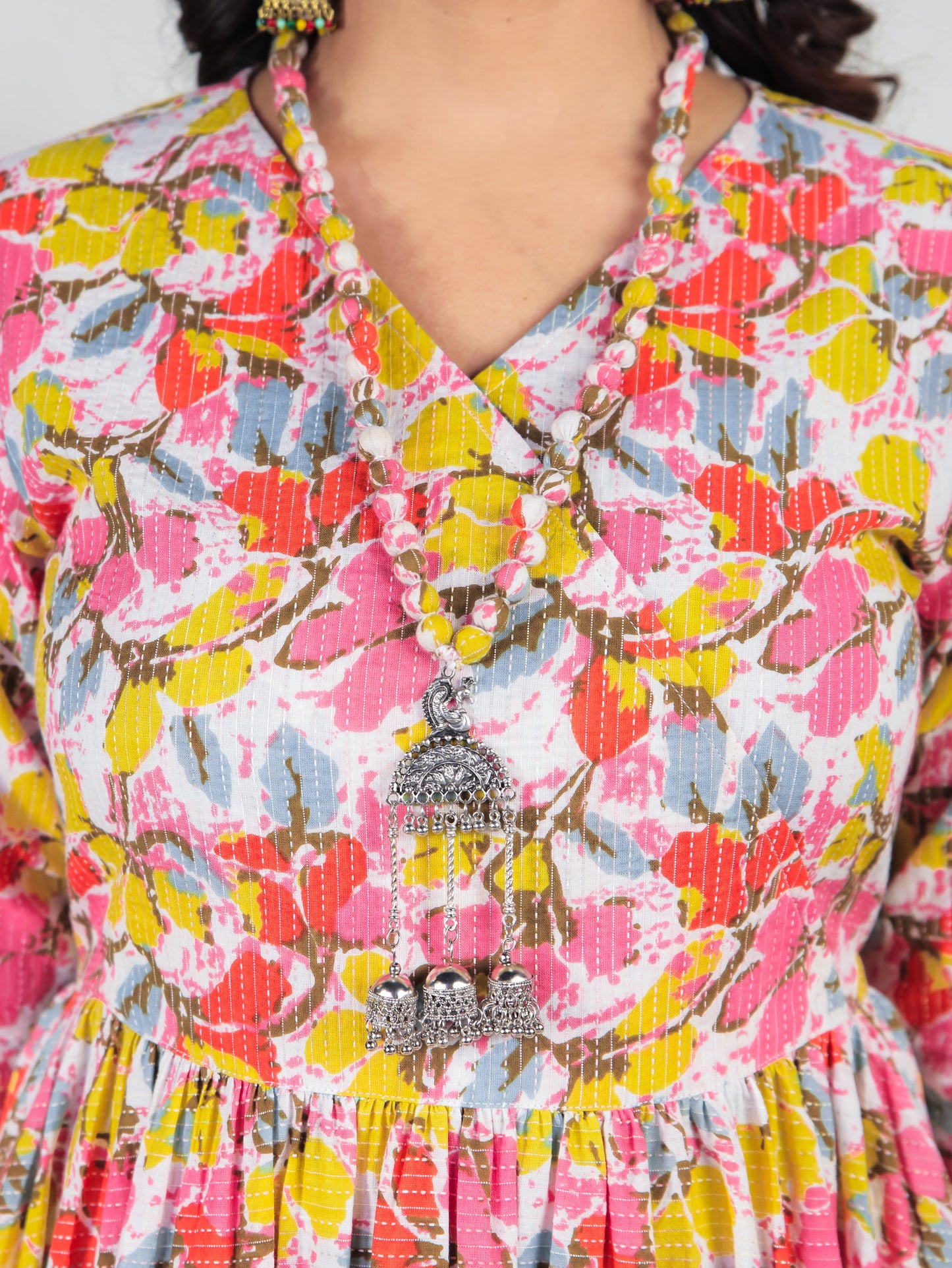 Kantha Cotton Floral Angrakha Multicolor Dress