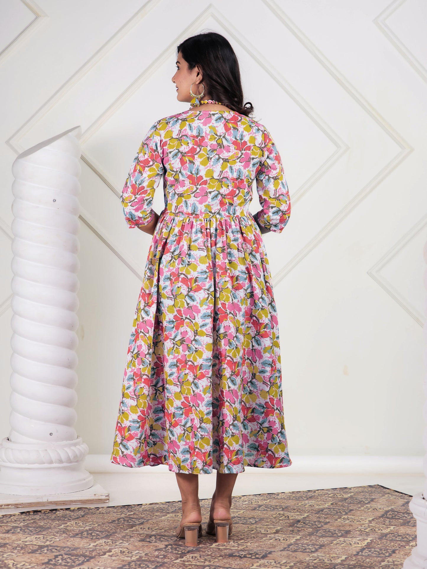 Kantha Cotton Floral Angrakha Multicolor Dress