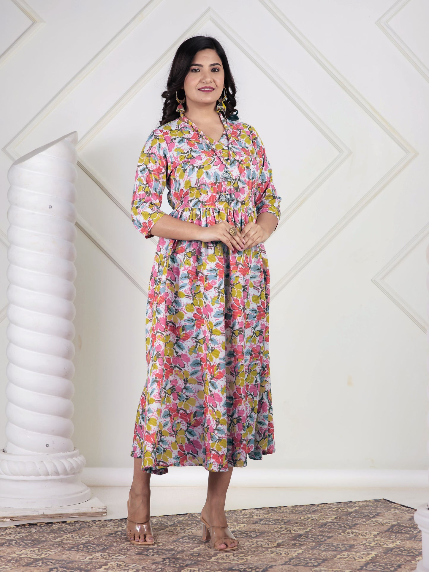 Kantha Cotton Floral Angrakha Multicolor Dress
