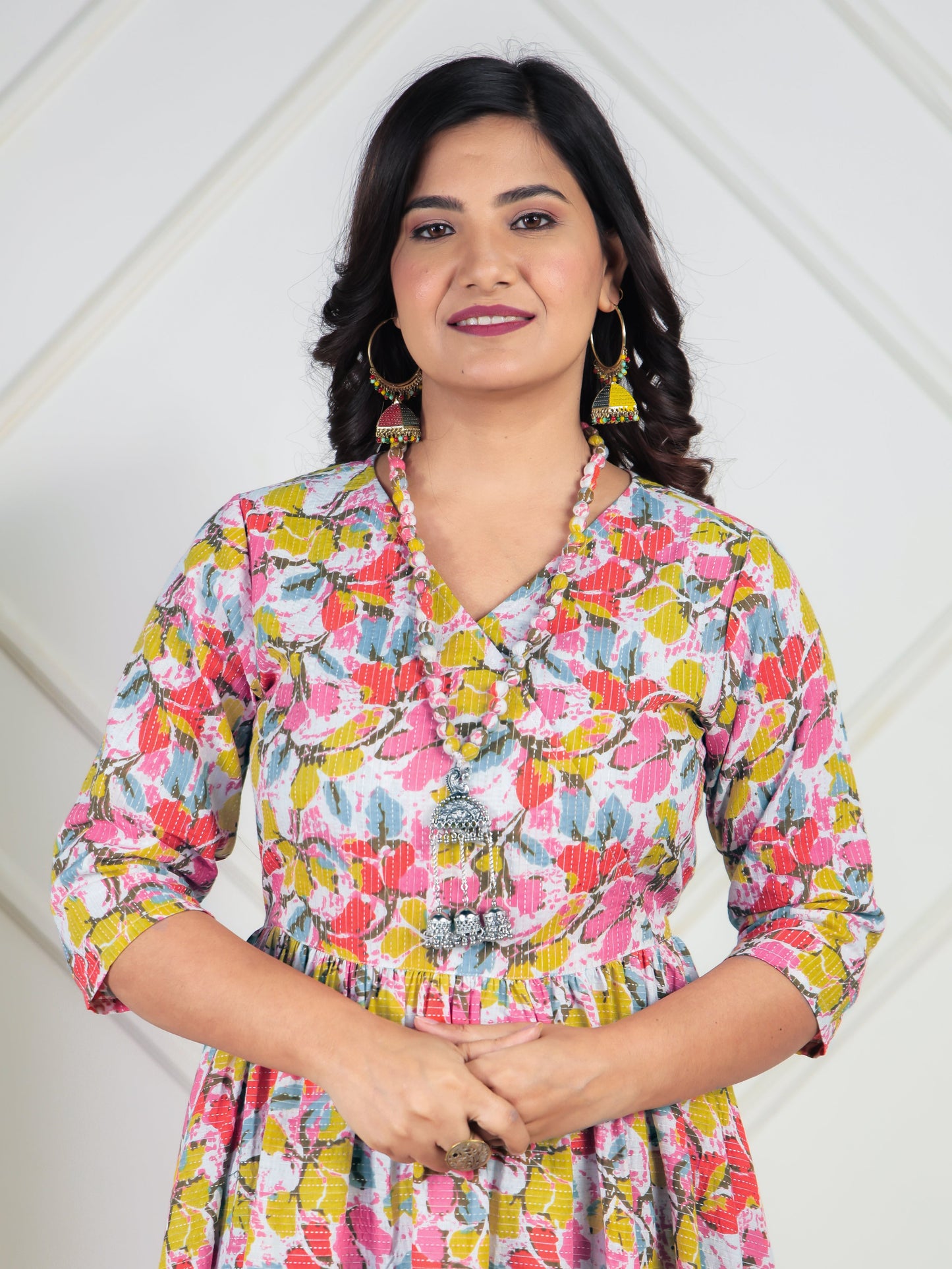Kantha Cotton Floral Angrakha Multicolor Dress