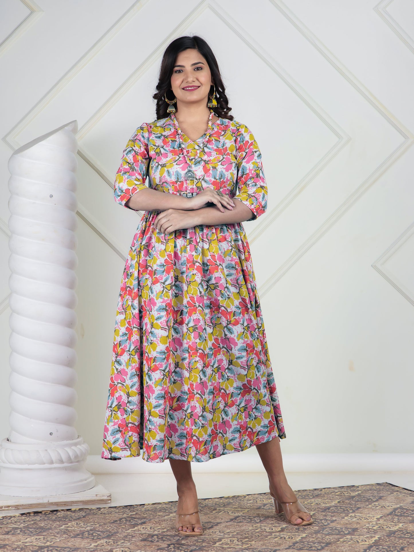 Kantha Cotton Floral Angrakha Multicolor Dress