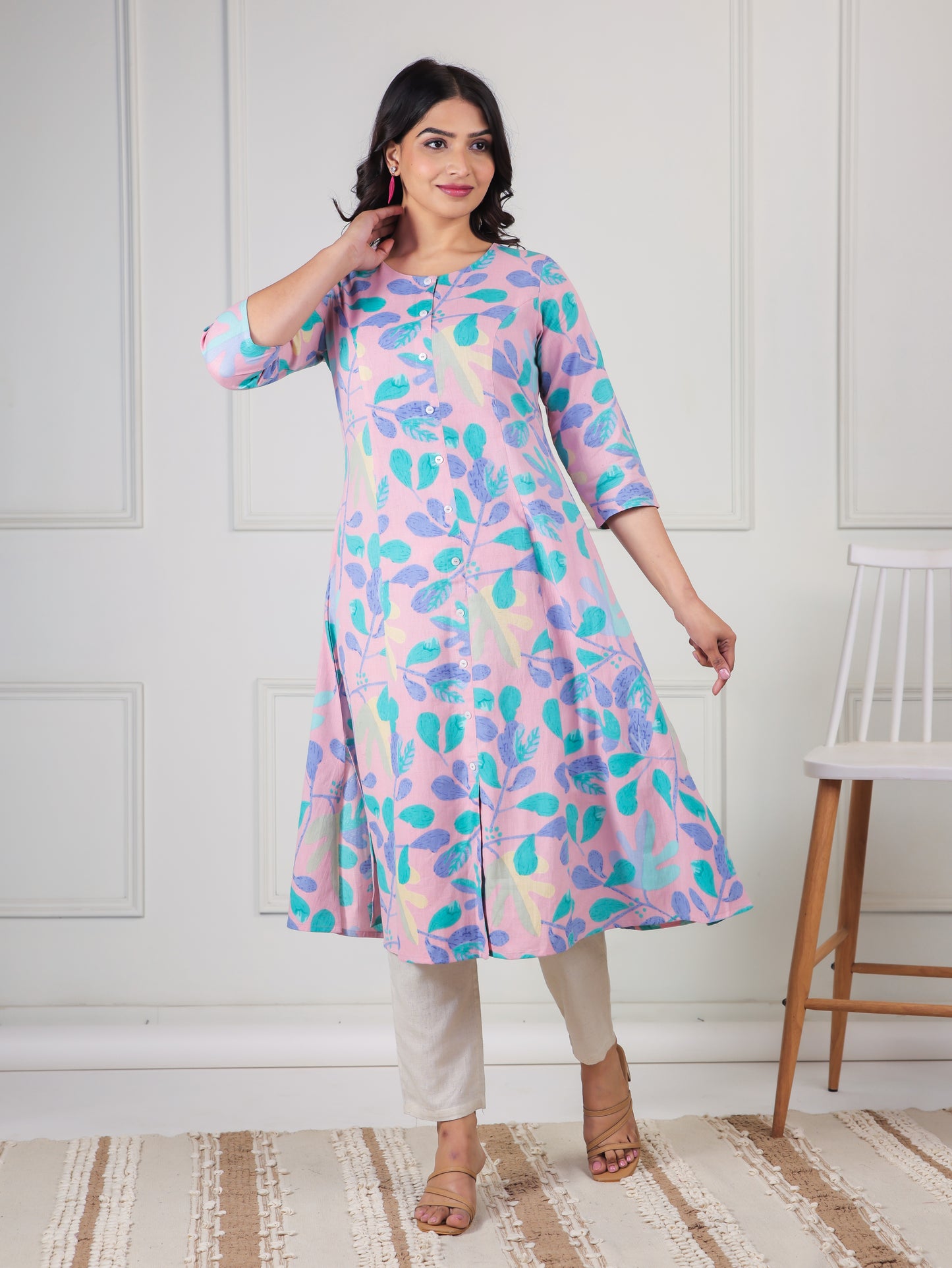 Linen Cotton Floral A-line Baby Pink Kurta