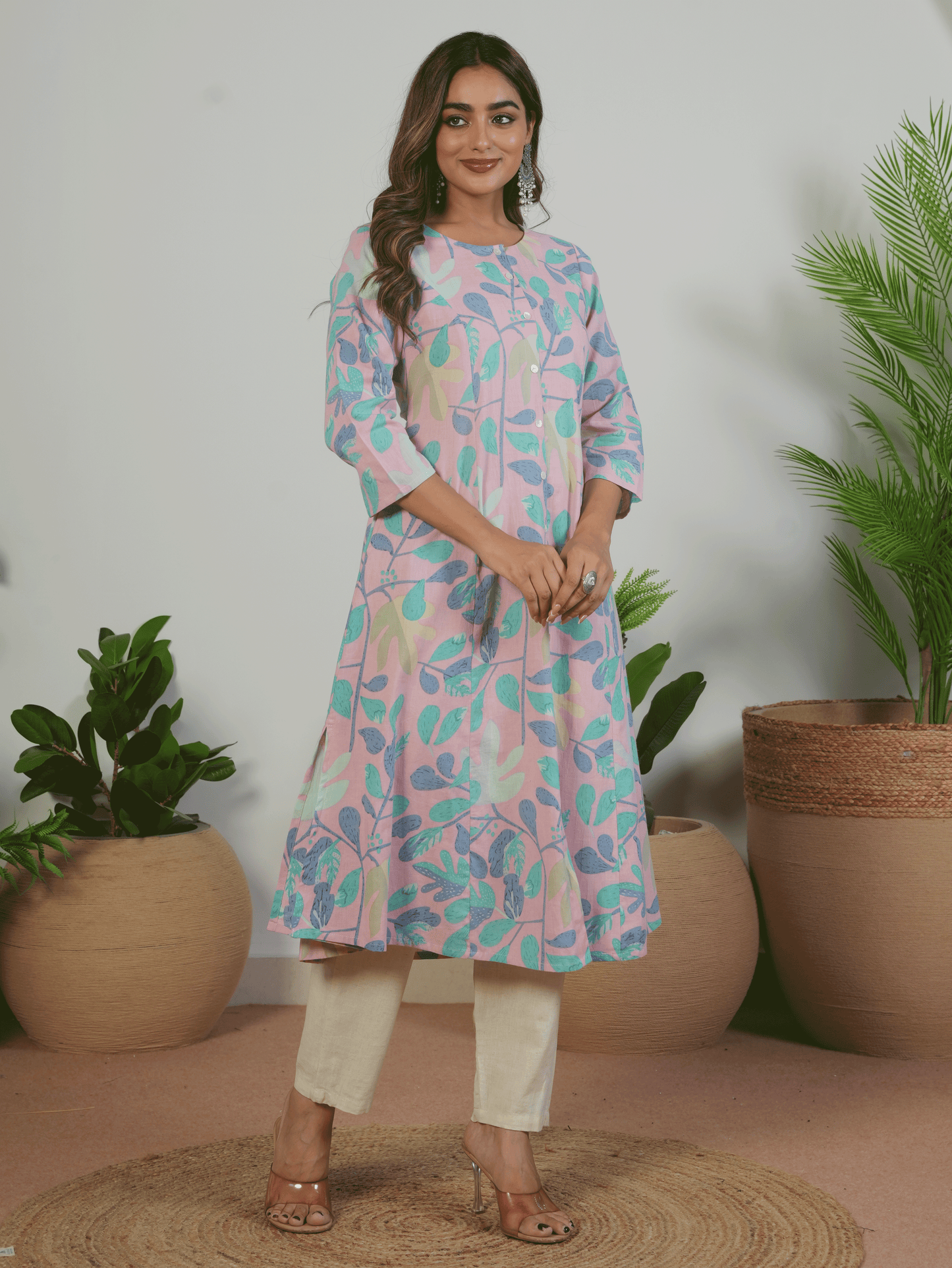 Linen Cotton Floral Flared Mauve Kurta