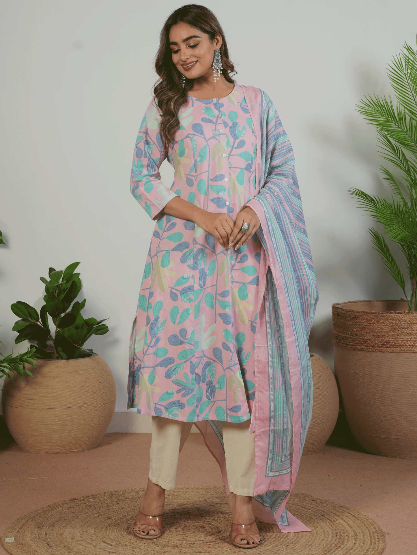 Linen Cotton Floral Flared Mauve Kurta