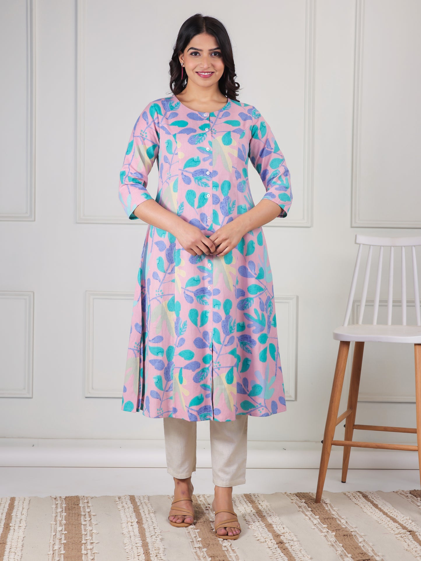 Linen Cotton Floral A-line Baby Pink Kurta
