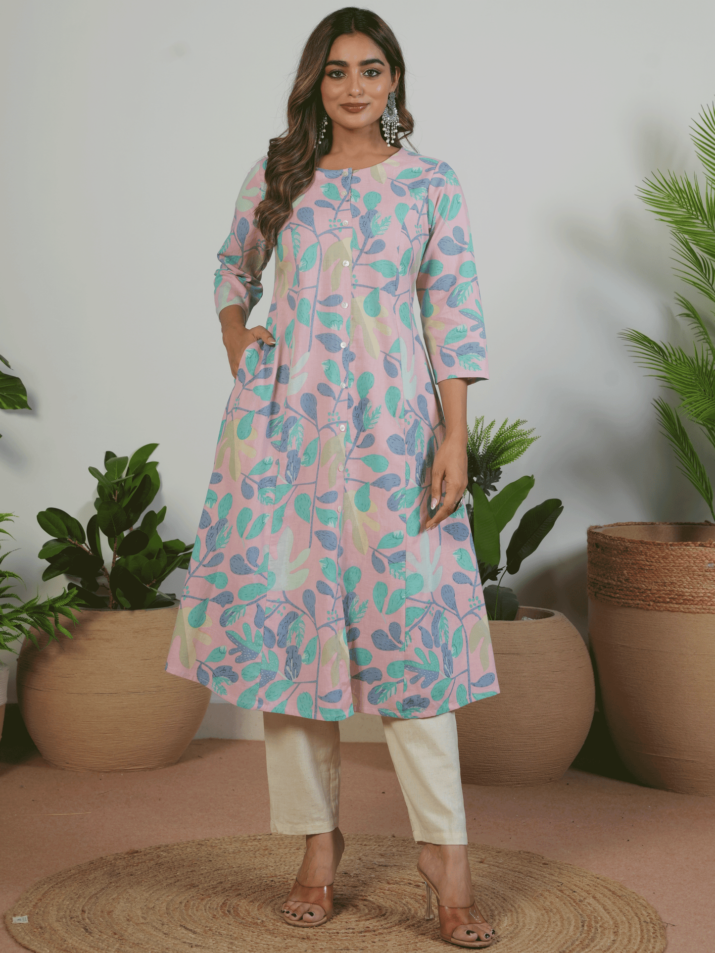Linen Cotton Floral Flared Mauve Kurta