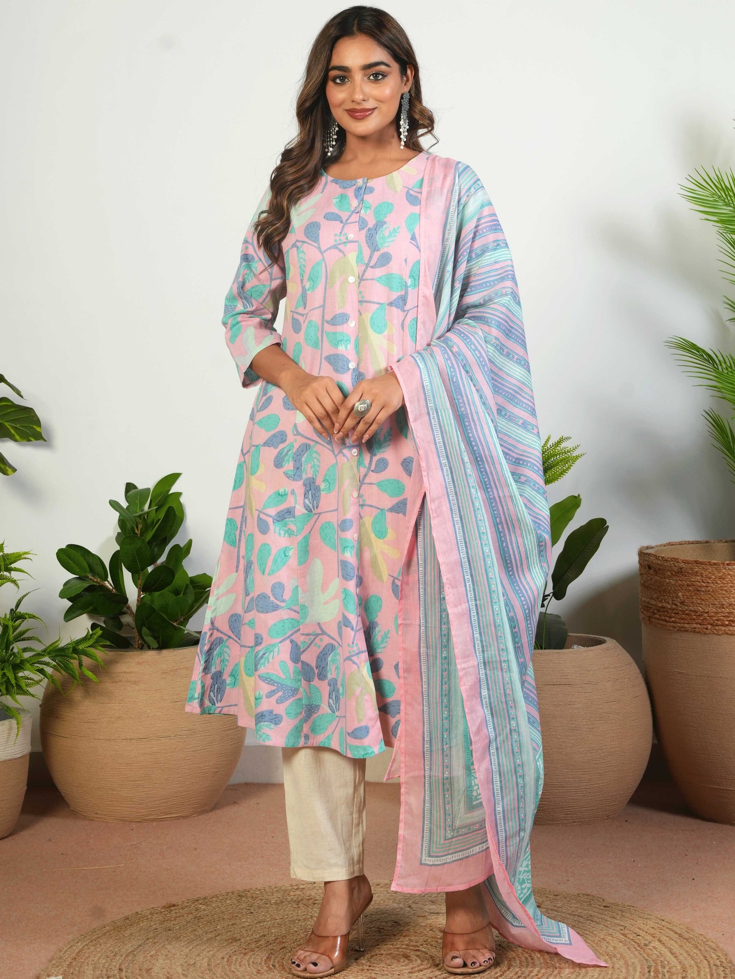 Linen Cotton Floral Flared Mauve Kurta