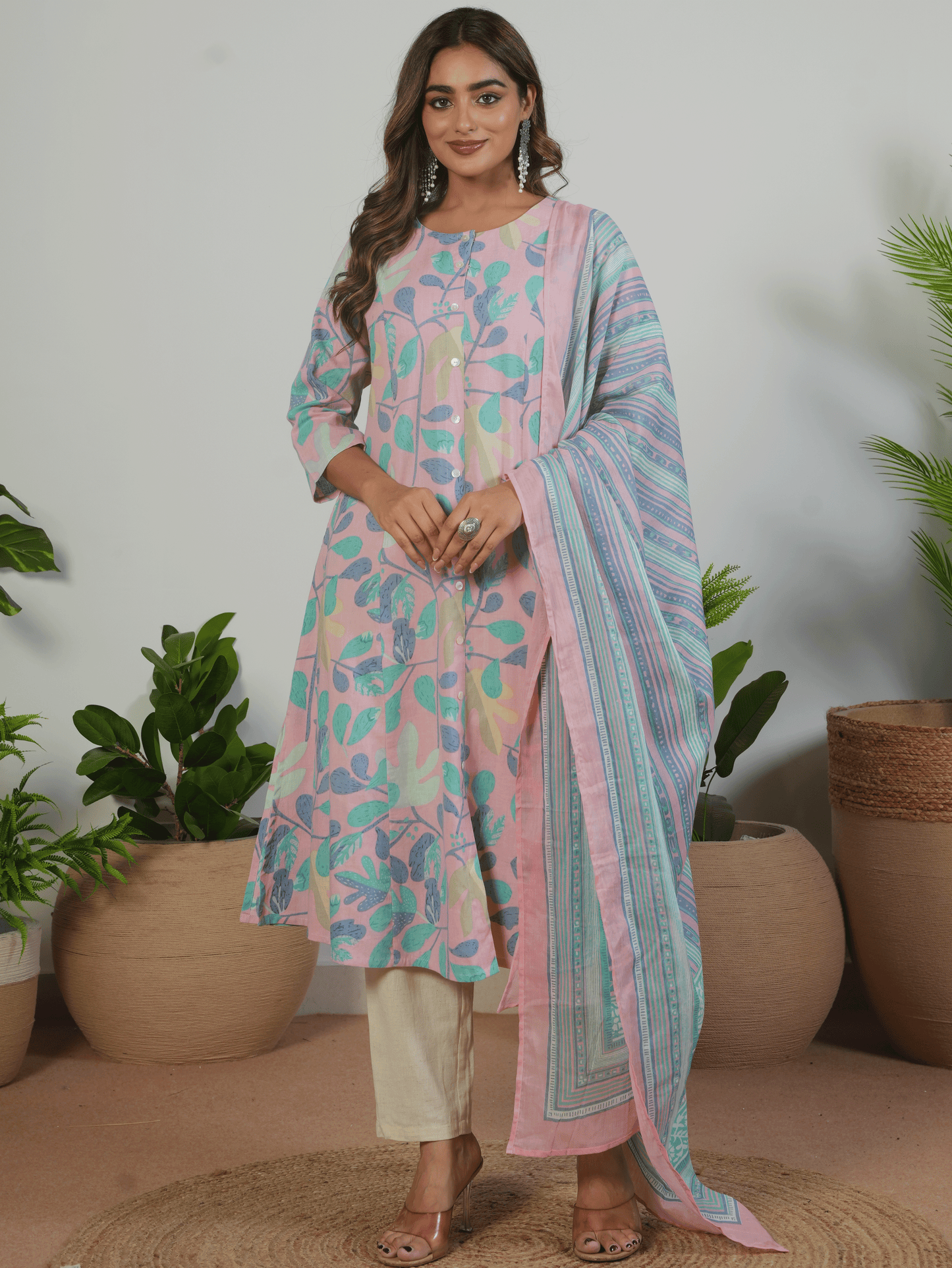 Linen Cotton Floral Flared Mauve Kurta