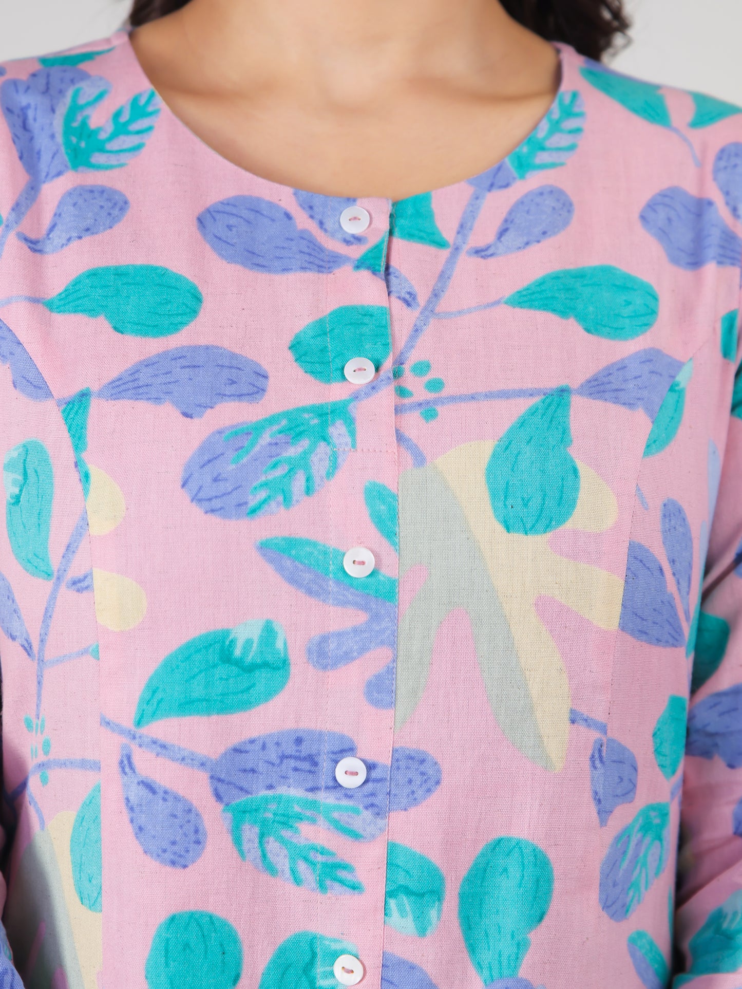 Linen Cotton Floral A-line Baby Pink Kurta