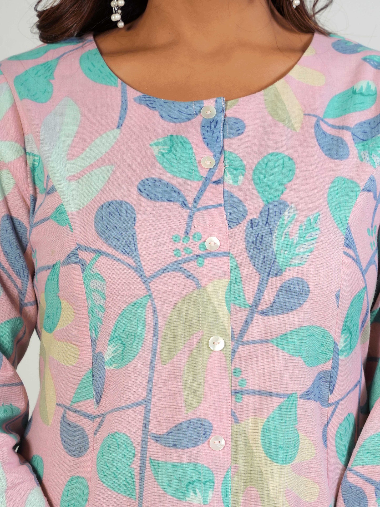 Linen Cotton Floral Flared Mauve Kurta