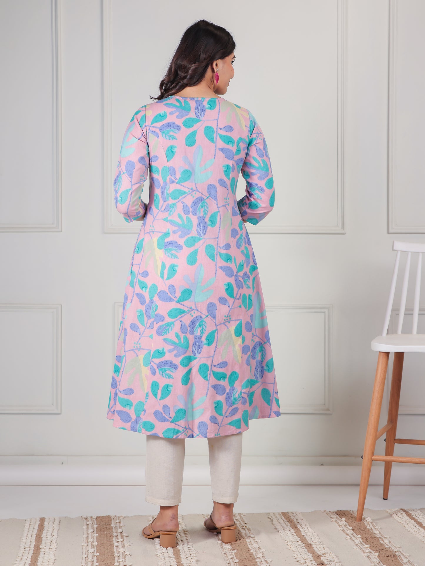 Linen Cotton Floral A-line Baby Pink Kurta