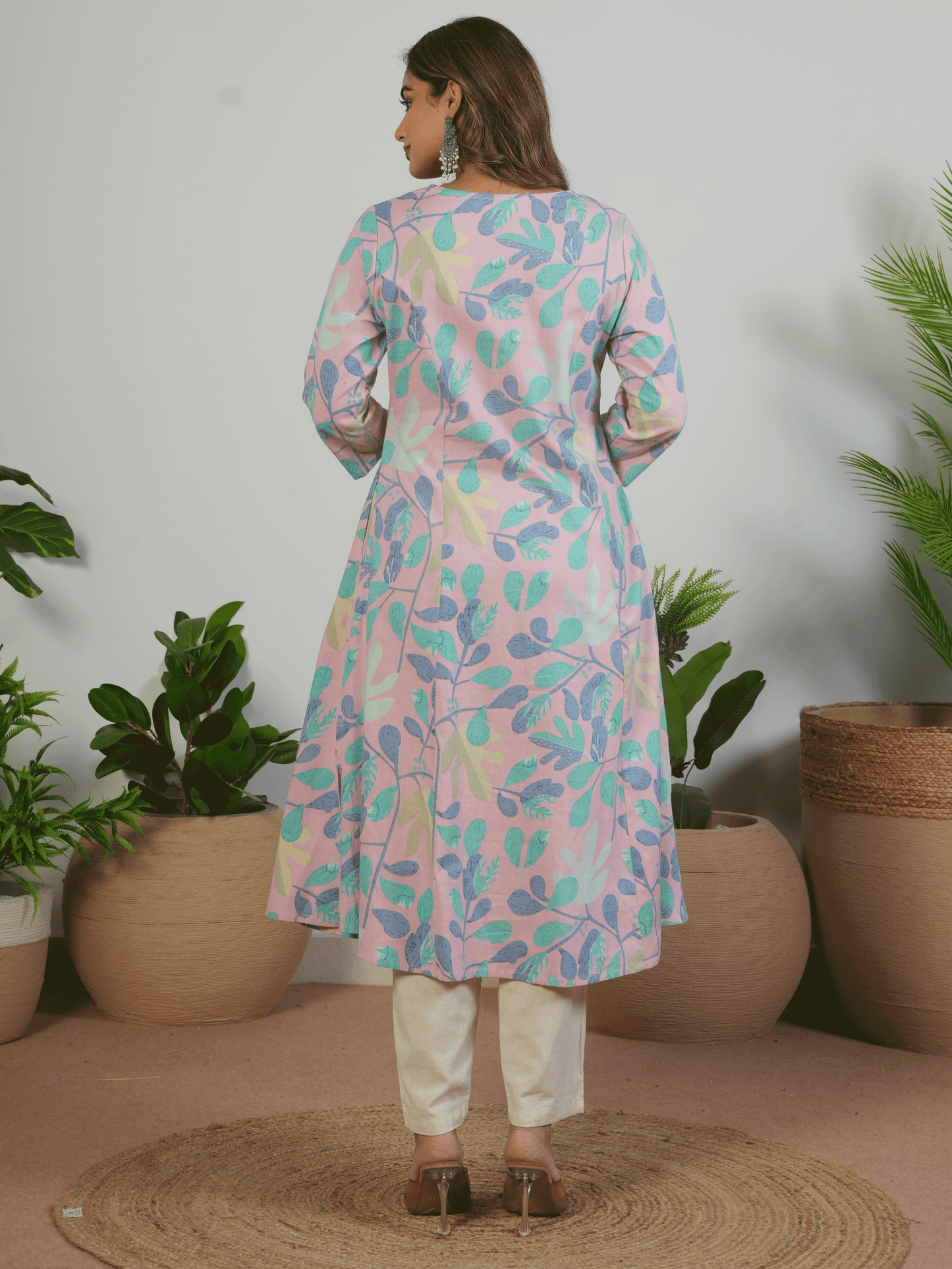 Linen Cotton Floral Flared Mauve Kurta