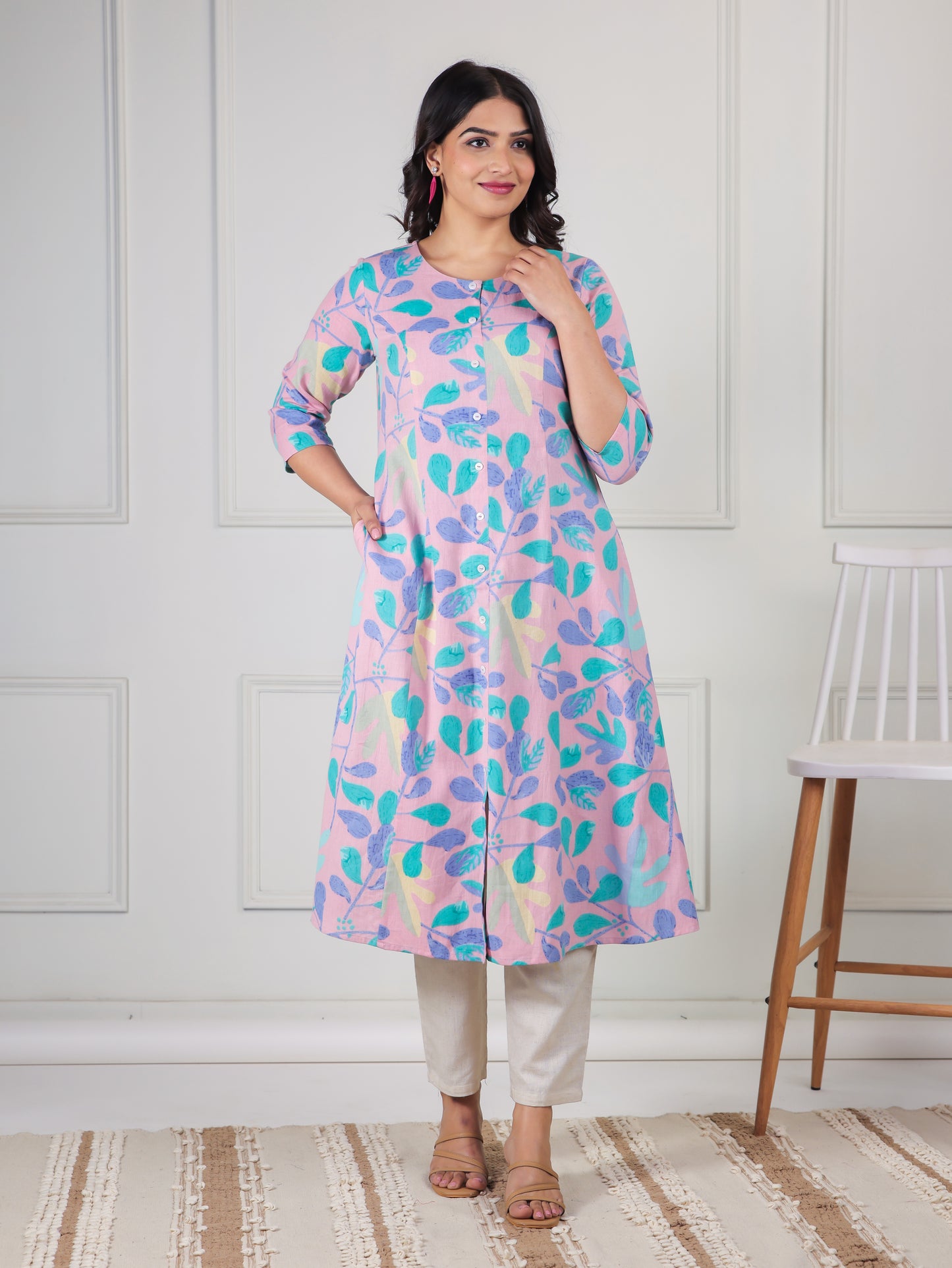 Linen Cotton Floral A-line Baby Pink Kurta