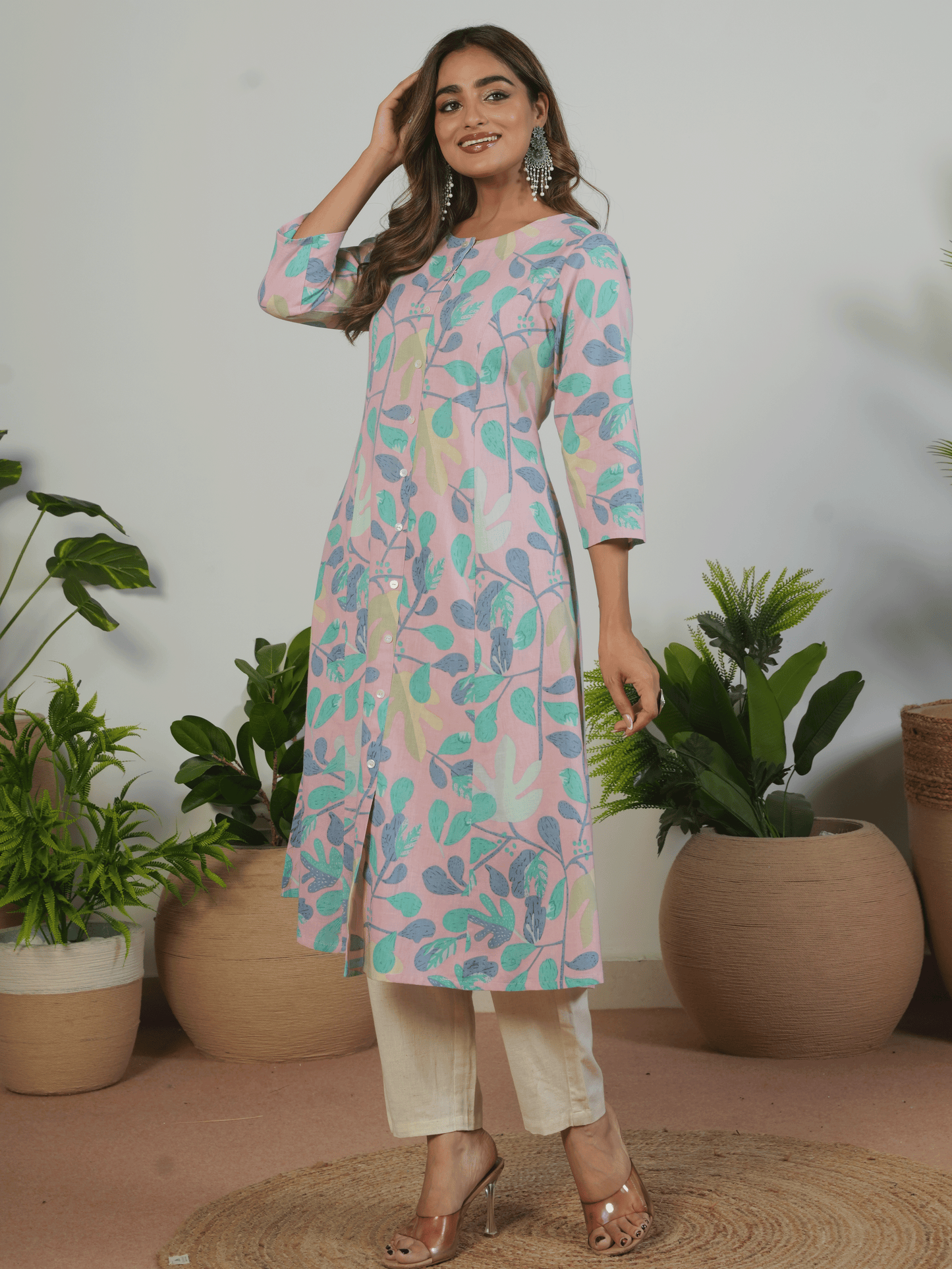 Linen Cotton Floral Flared Mauve Kurta