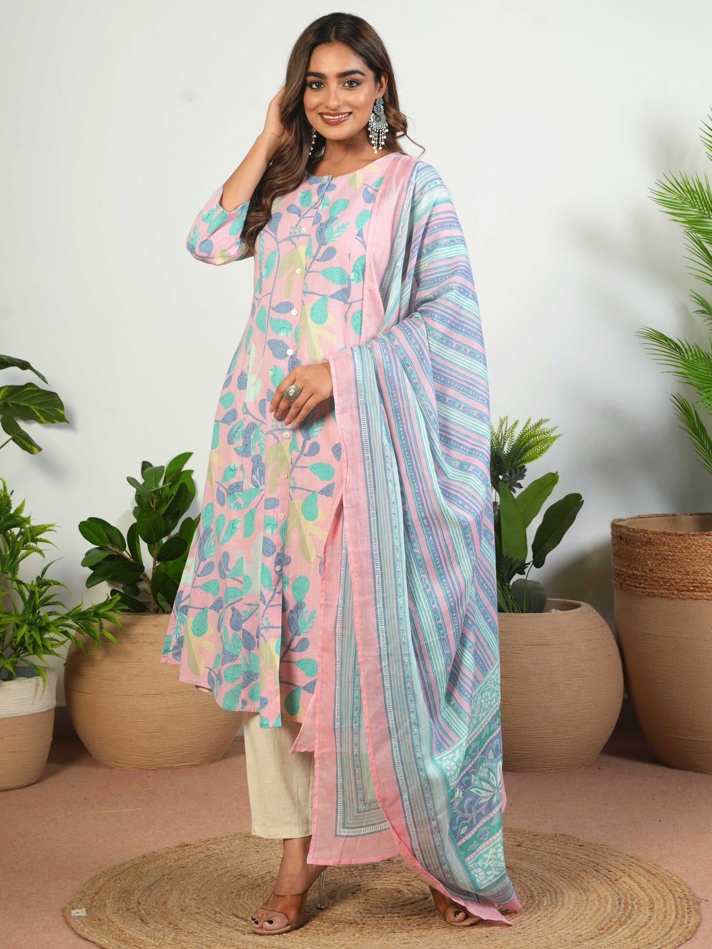 Linen Cotton Floral Flared Mauve Kurta