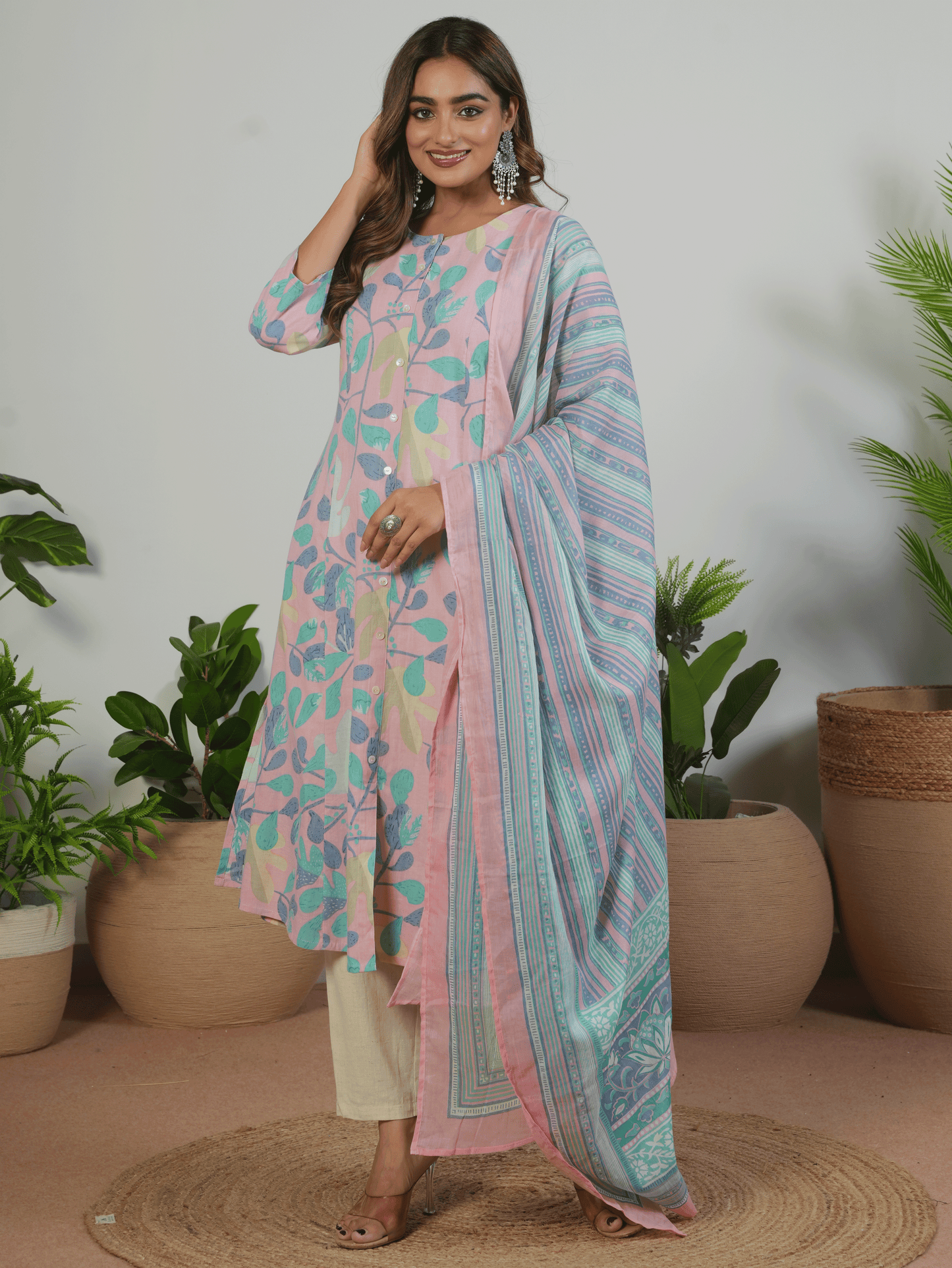 Linen Cotton Floral A-line Baby Pink Kurta
