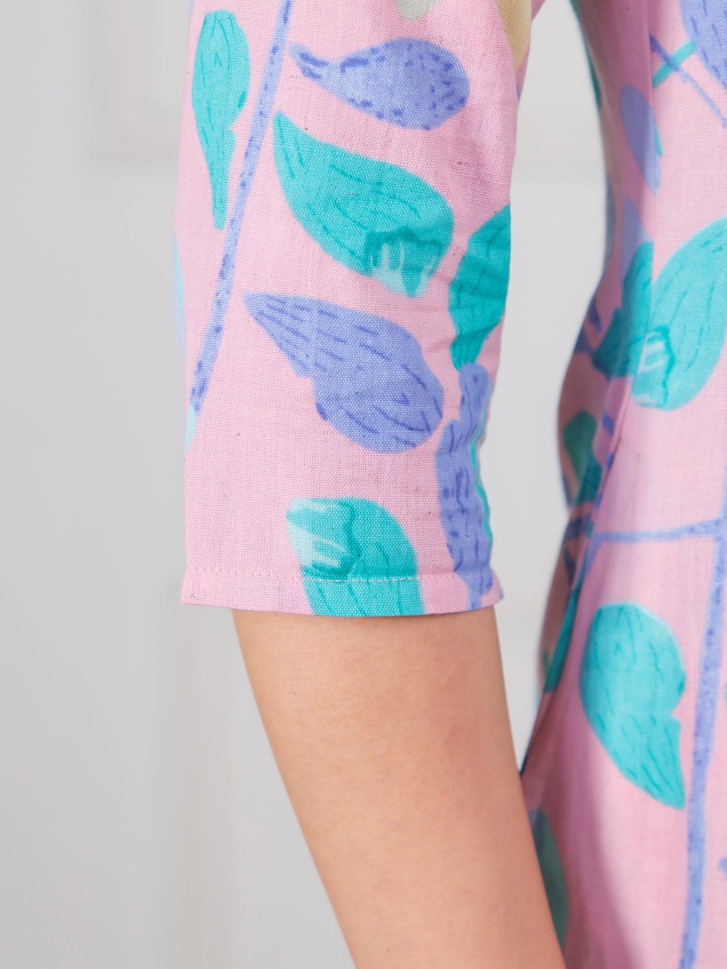 Linen Cotton Floral A-line Baby Pink Kurta