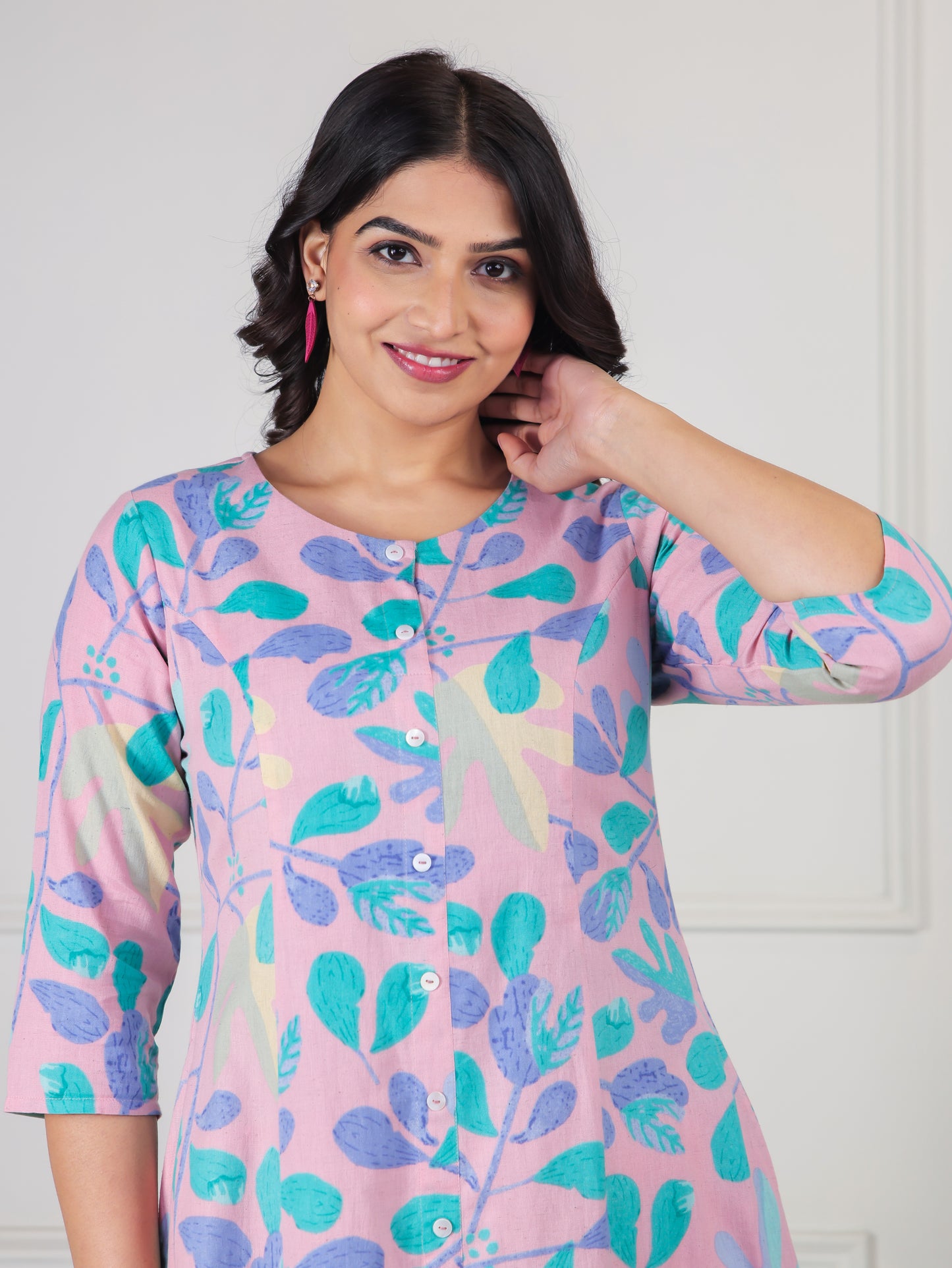 Linen Cotton Floral A-line Baby Pink Kurta