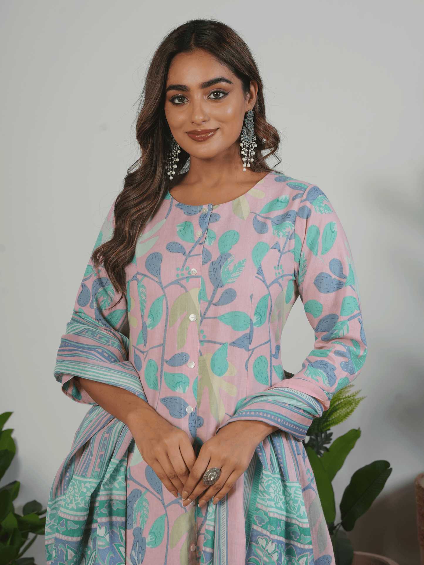 Linen Cotton Floral Flared Mauve Kurta