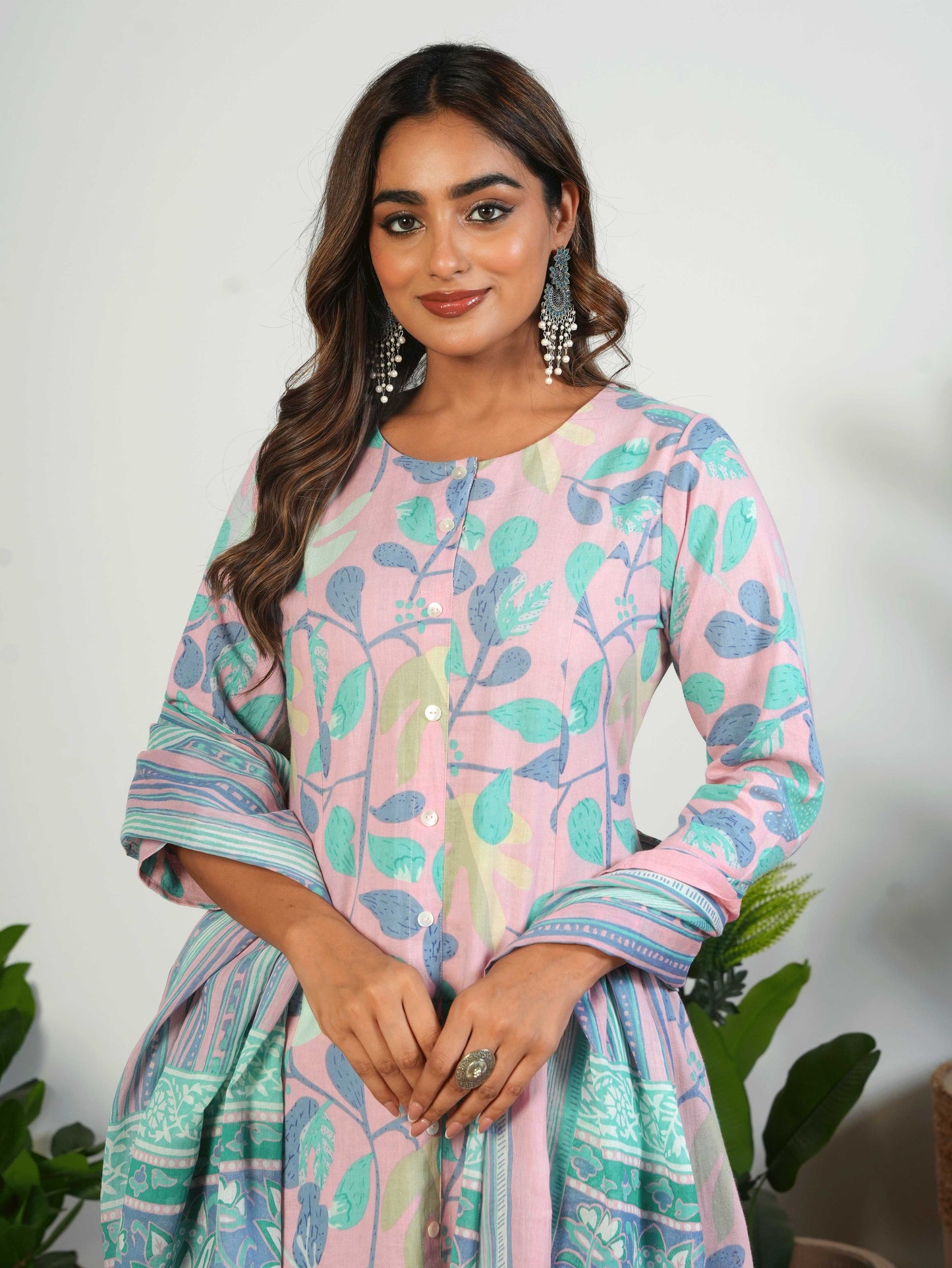 Linen Cotton Floral Flared Mauve Kurta