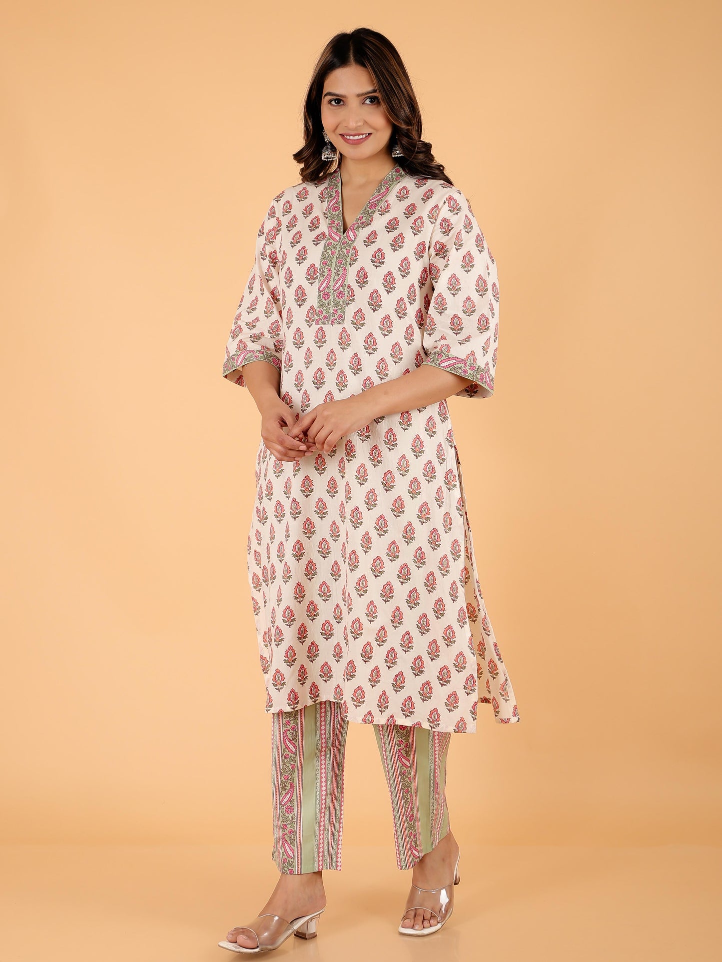 Soft Cotton Floral Straight Cream Kurta