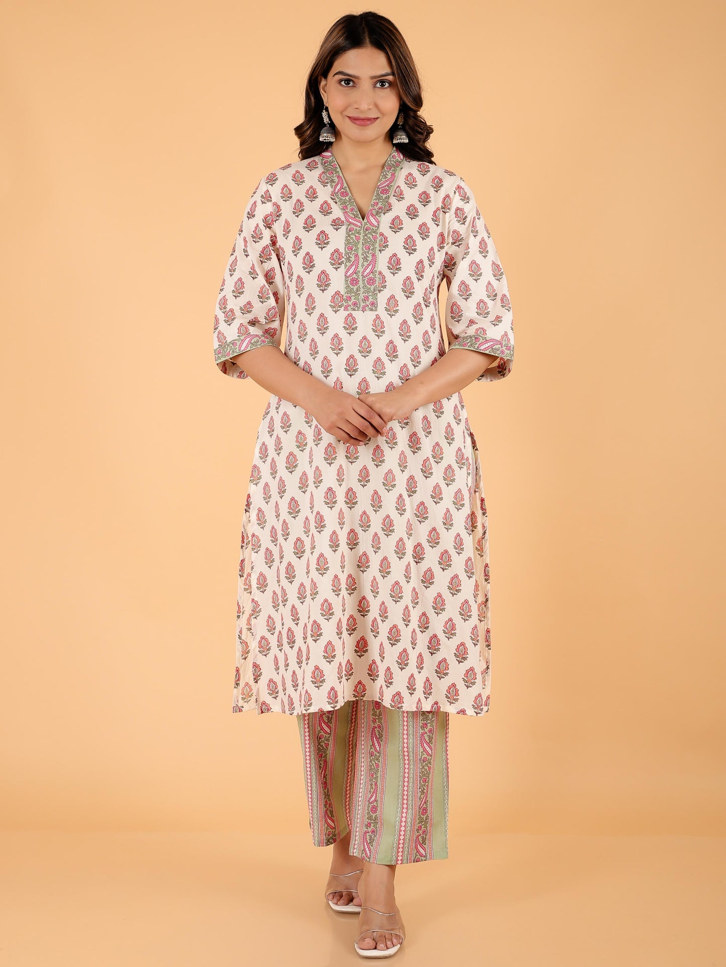 Soft Cotton Floral Straight Cream Kurta