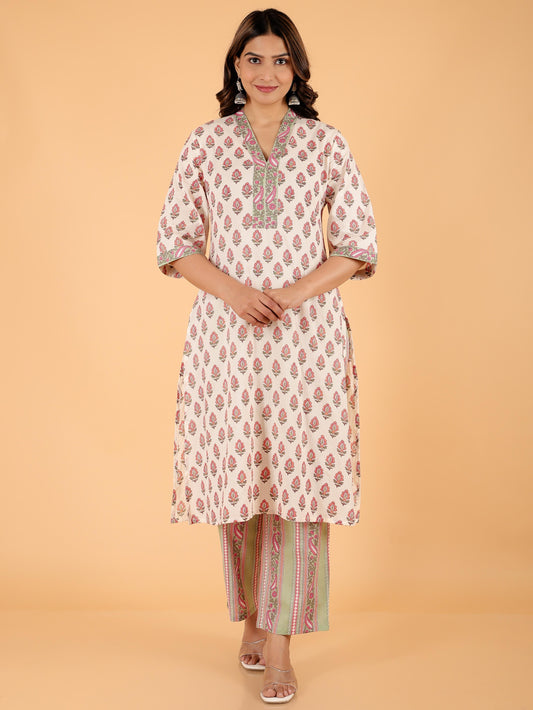 Soft Cotton Floral Straight Cream Kurta