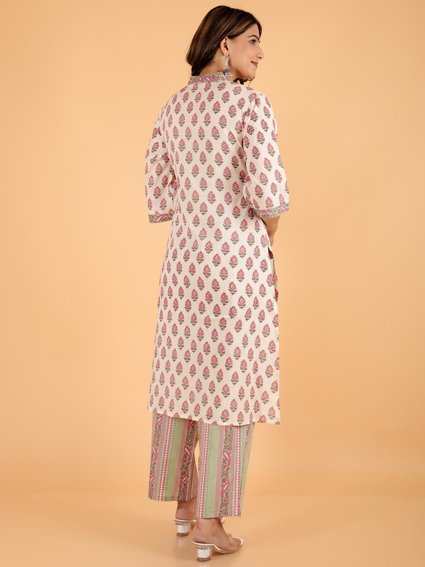 Soft Cotton Floral Straight Cream Kurta