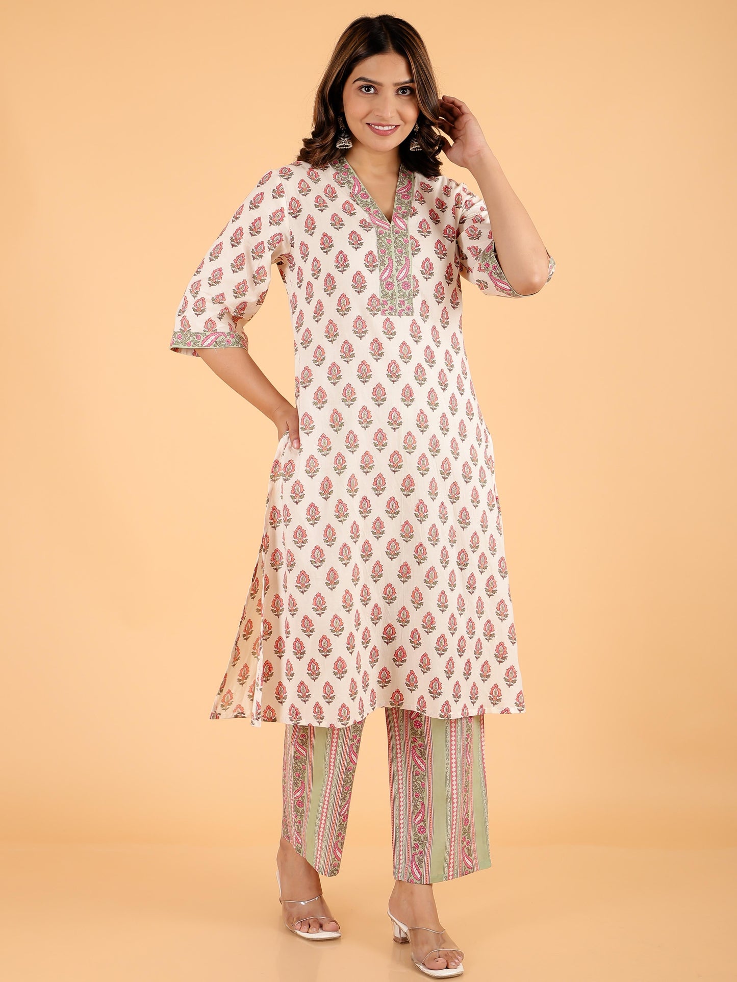 Soft Cotton Floral Straight Cream Kurta
