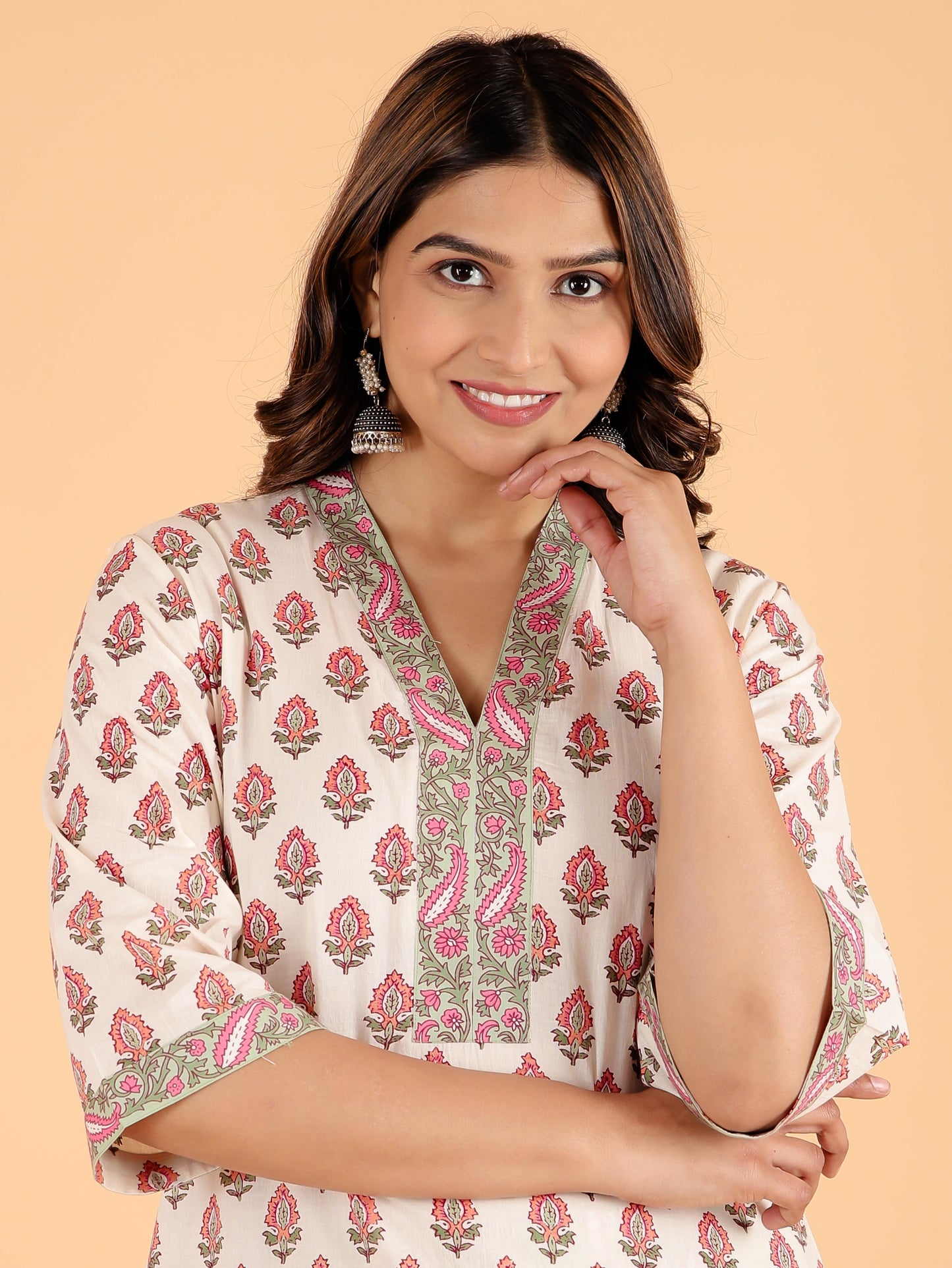 Soft Cotton Floral Straight Cream Kurta