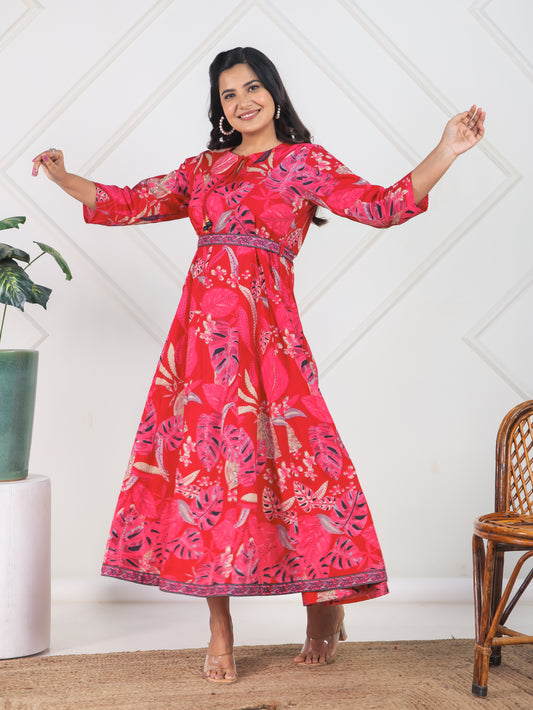 Soft Cotton Foliage Flared Red Dress