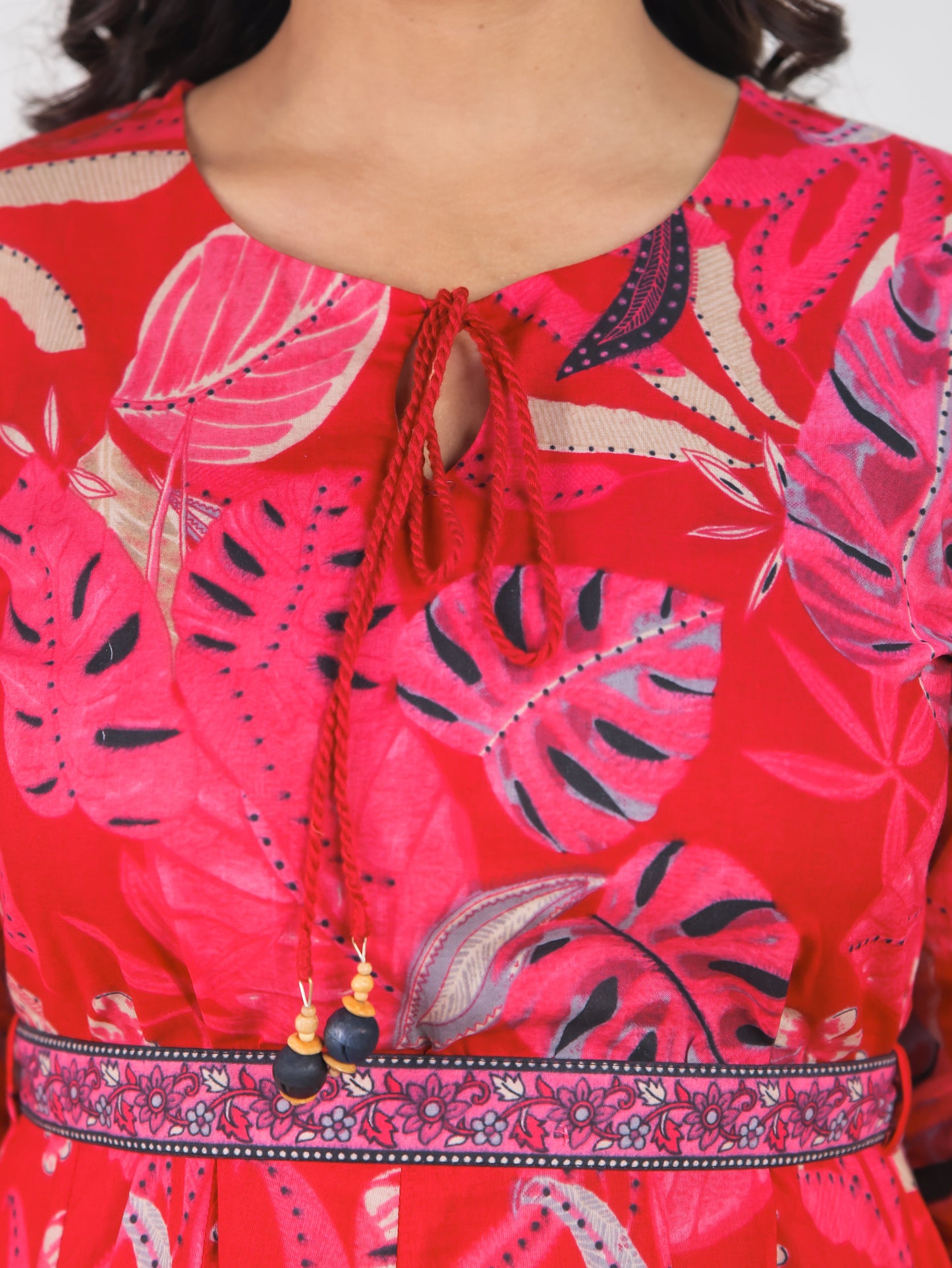 Soft Cotton Foliage Flared Red Dress