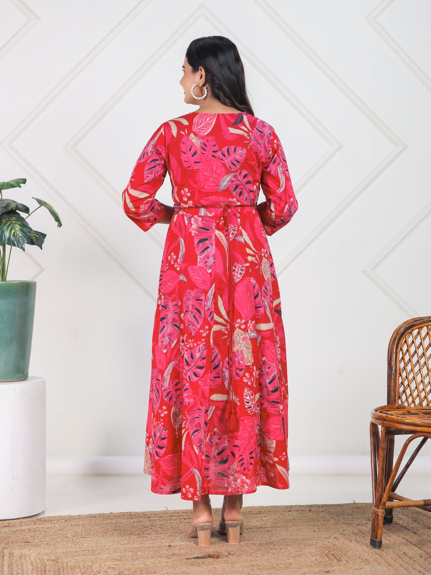Soft Cotton Foliage Flared Red Dress