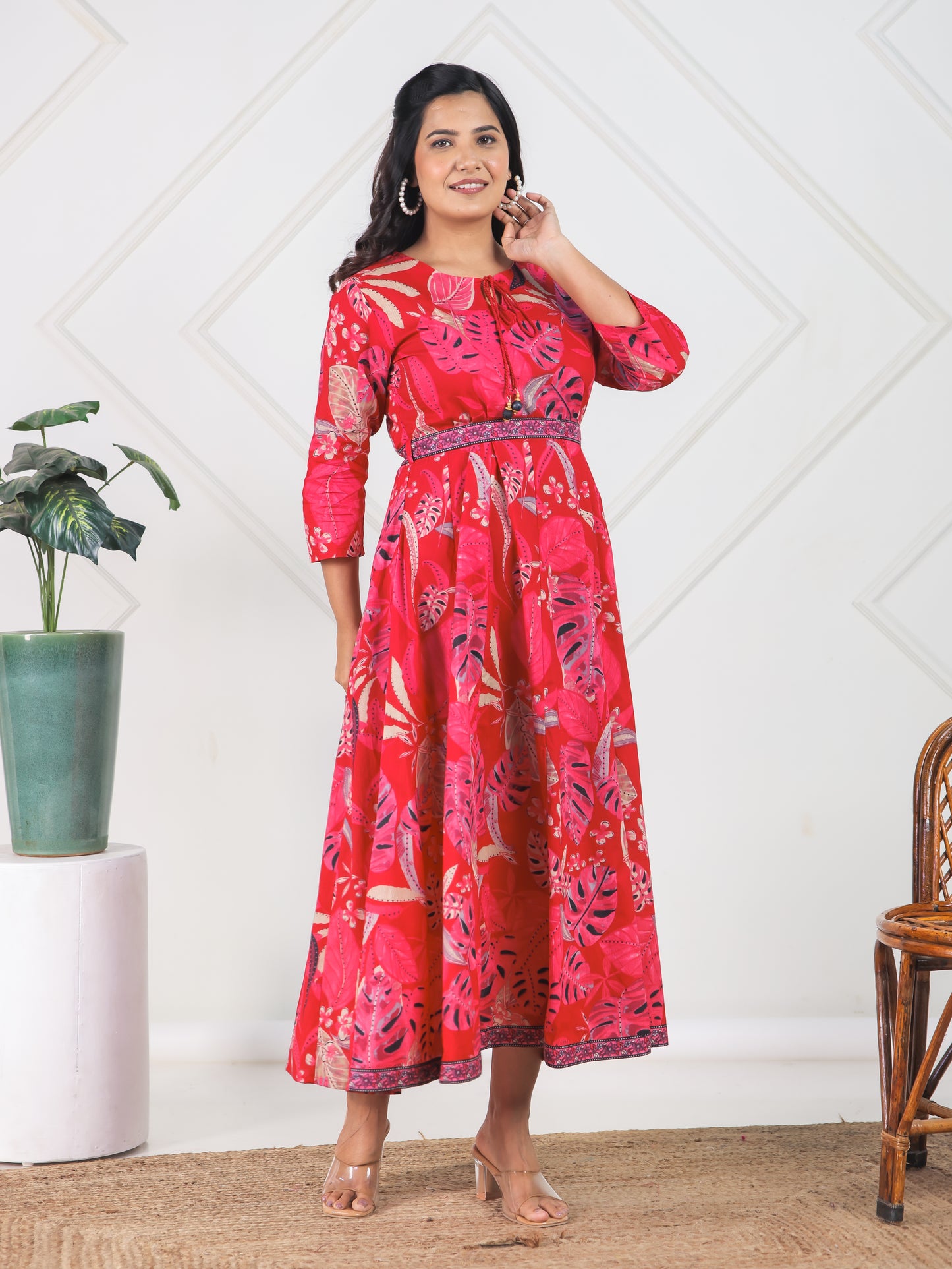 Soft Cotton Foliage Flared Red Dress