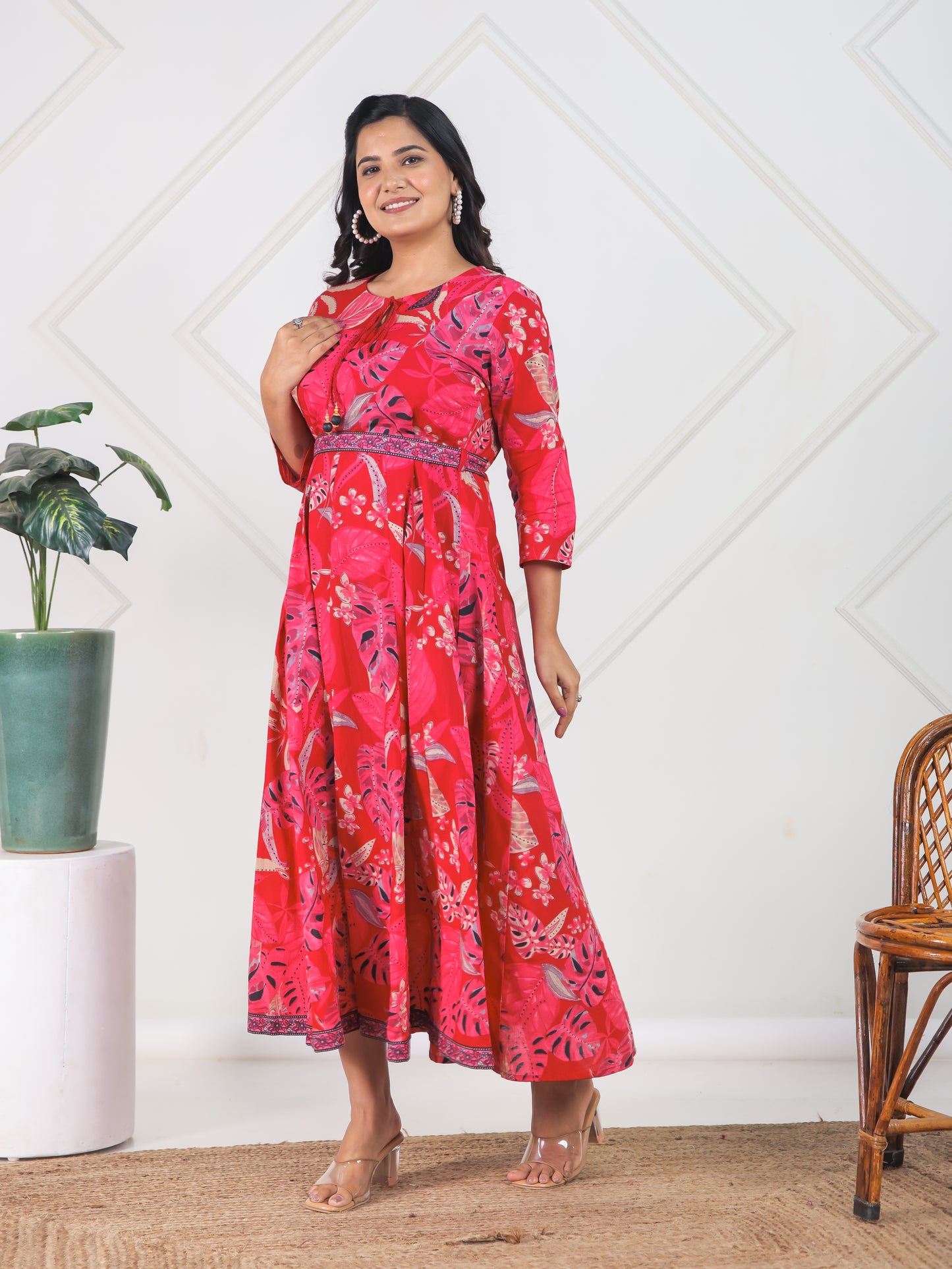 Soft Cotton Foliage Flared Red Dress