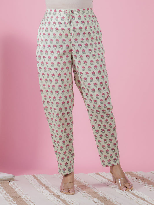 Soft Cotton Butti Green Tapered Trousers