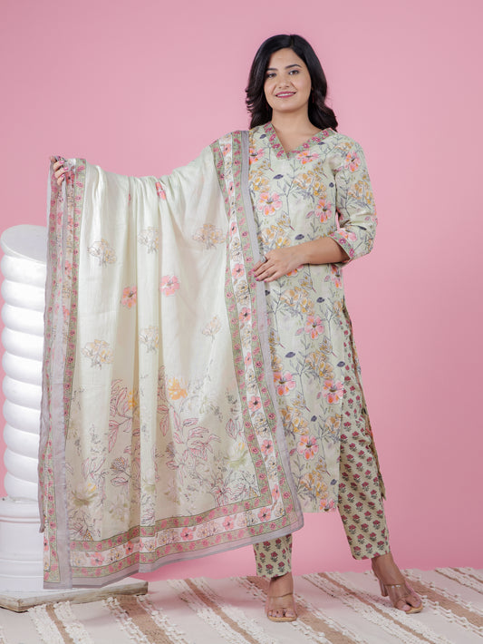 Cotton Voile Floral Green Dupatta