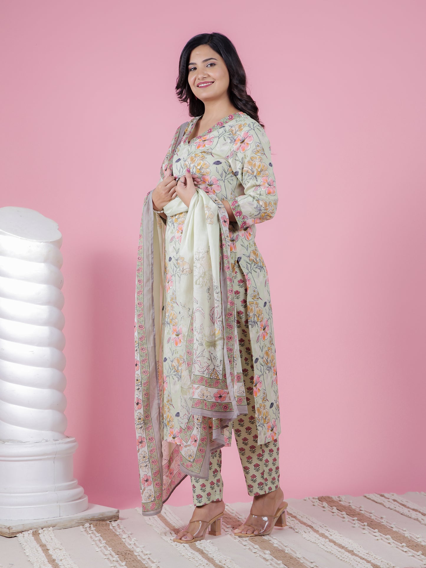 Cotton Voile Floral Green Dupatta