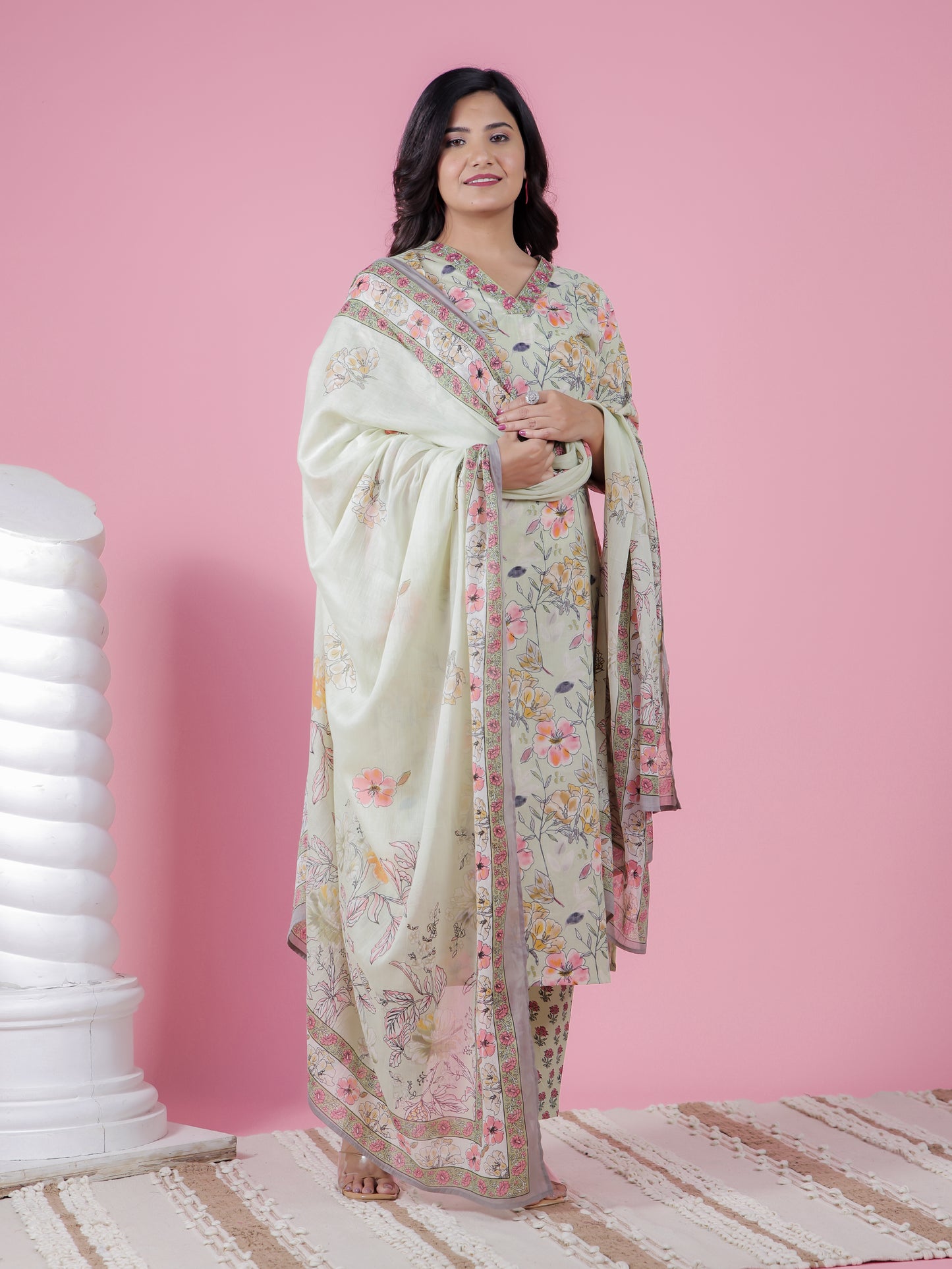 Cotton Voile Floral Green Dupatta