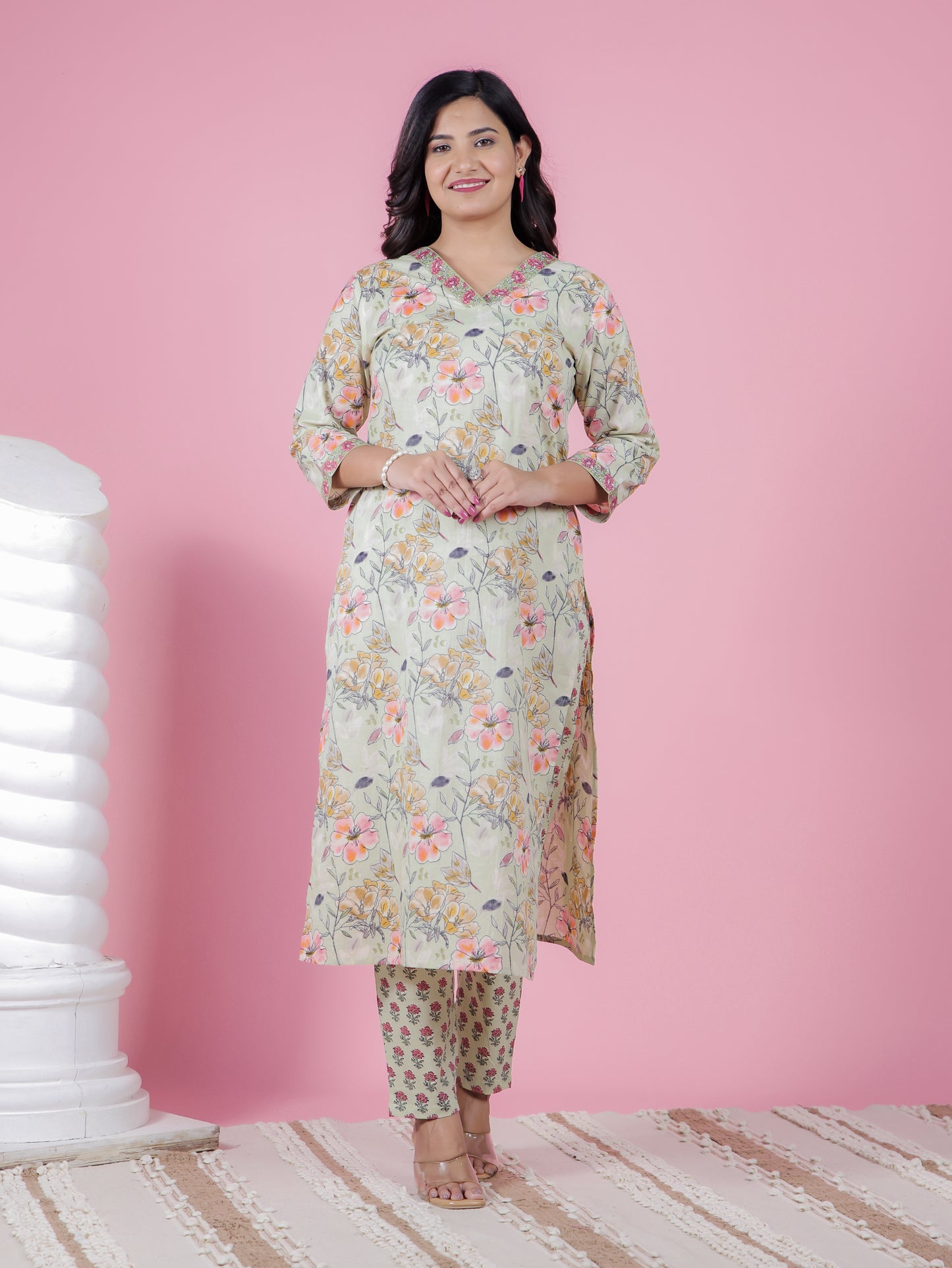 Soft Cotton Floral Straight Green Kurta