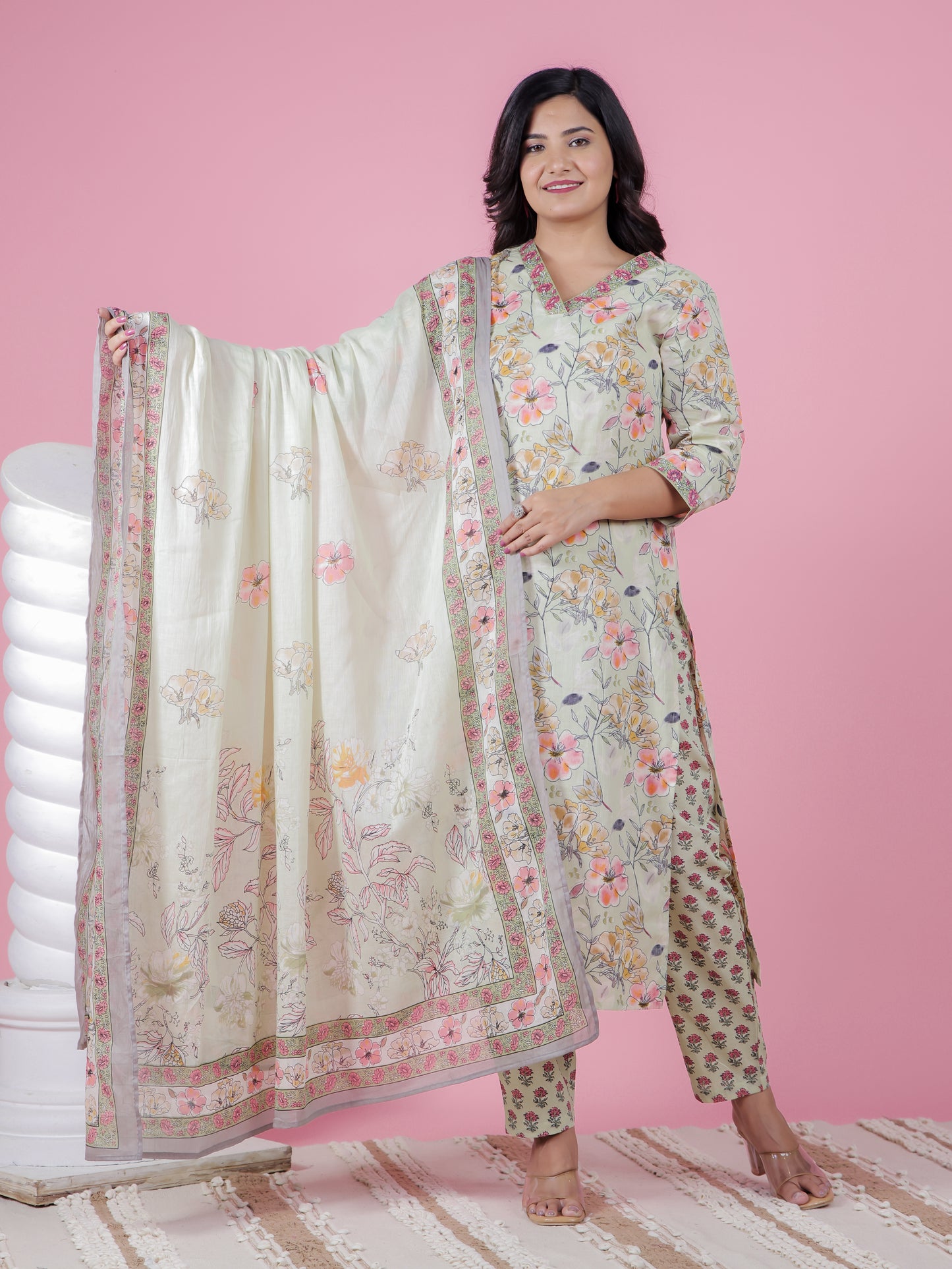 Soft Cotton Floral Straight Green Kurta