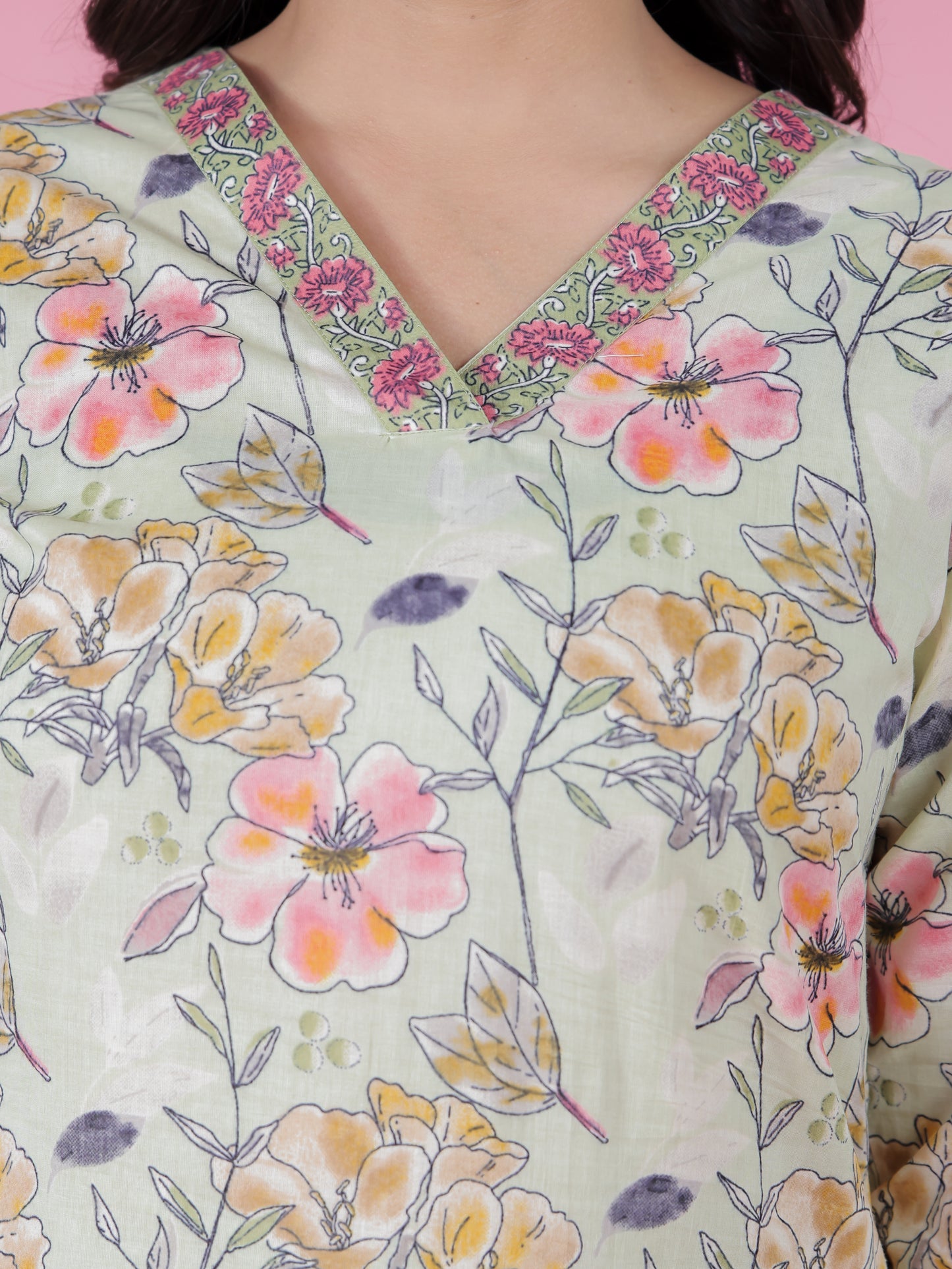 Soft Cotton Floral Straight Green Kurta