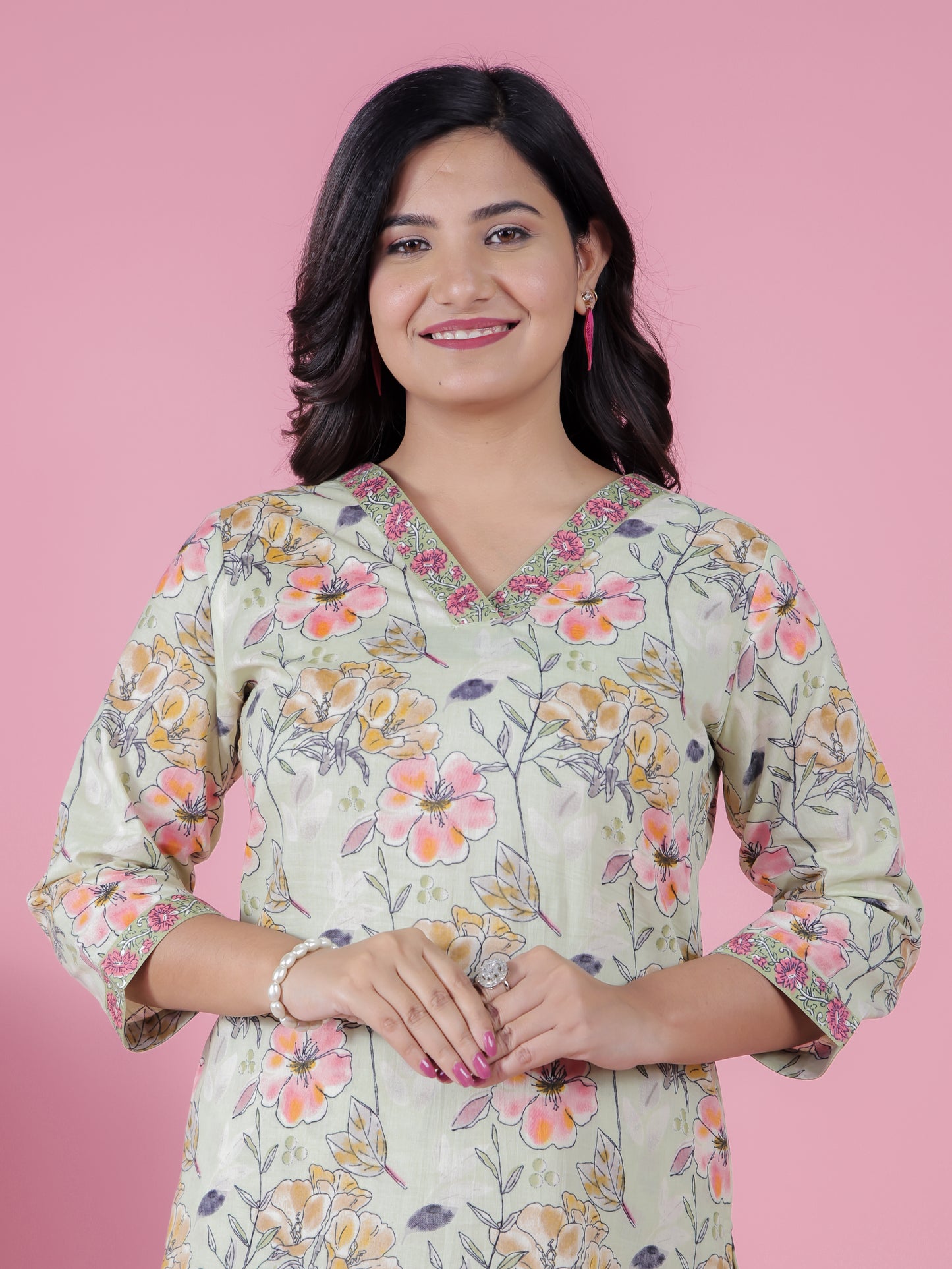 Soft Cotton Floral Straight Green Kurta