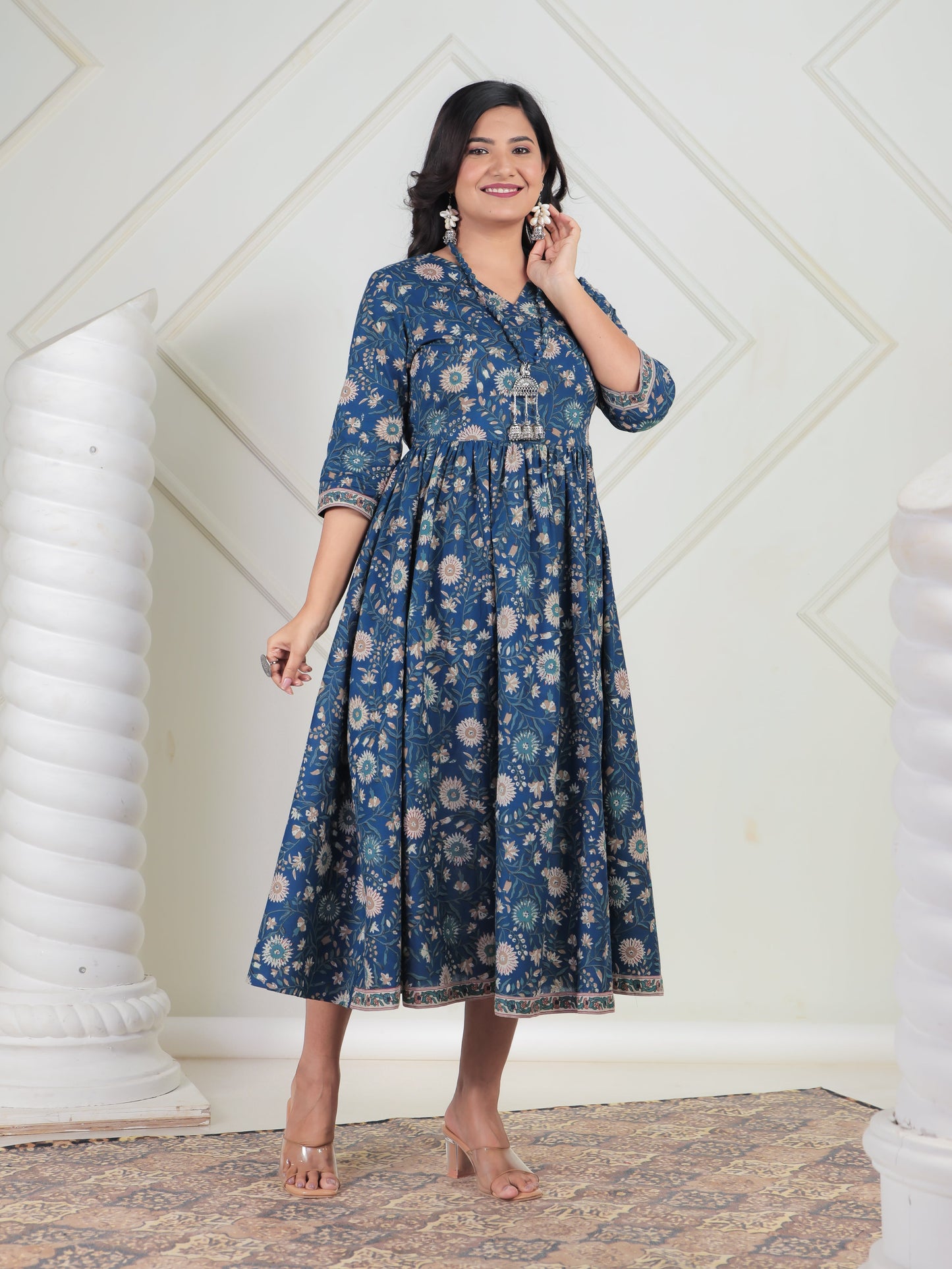 Soft Cotton Floral Angrakha Blue Dress