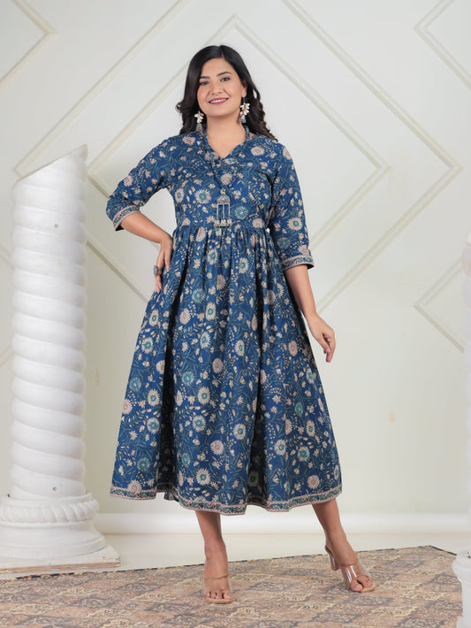Soft Cotton Floral Angrakha Blue Dress